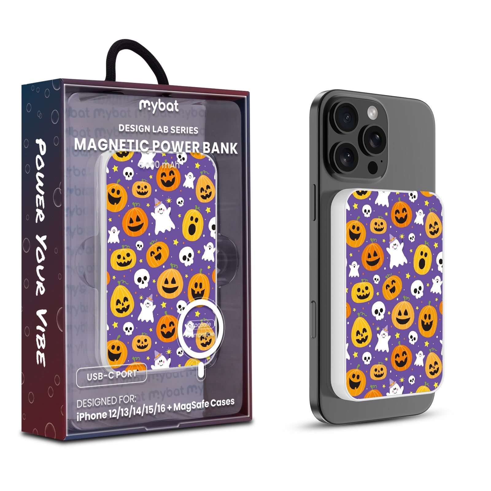 MyBat Design Lab 5000mAh Magnetic Wireless Power Bank - White - Pumpkin Party - MPBBAT132-WH-404-1.jpg