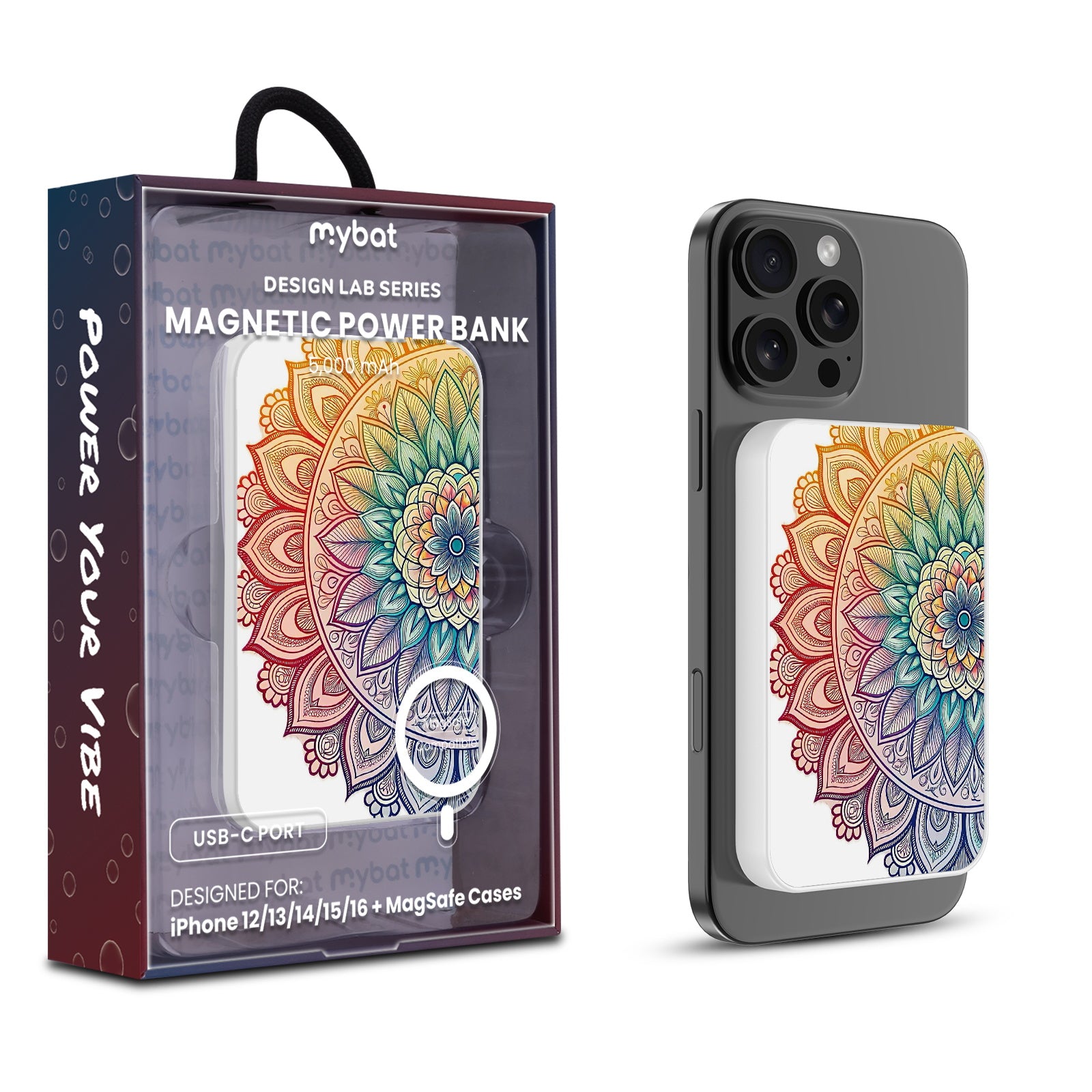 MyBat Design Lab 5000mAh Magnetic Wireless Power Bank - White - Rainbow Mandala - MPBBAT132-WH-457-1.jpg