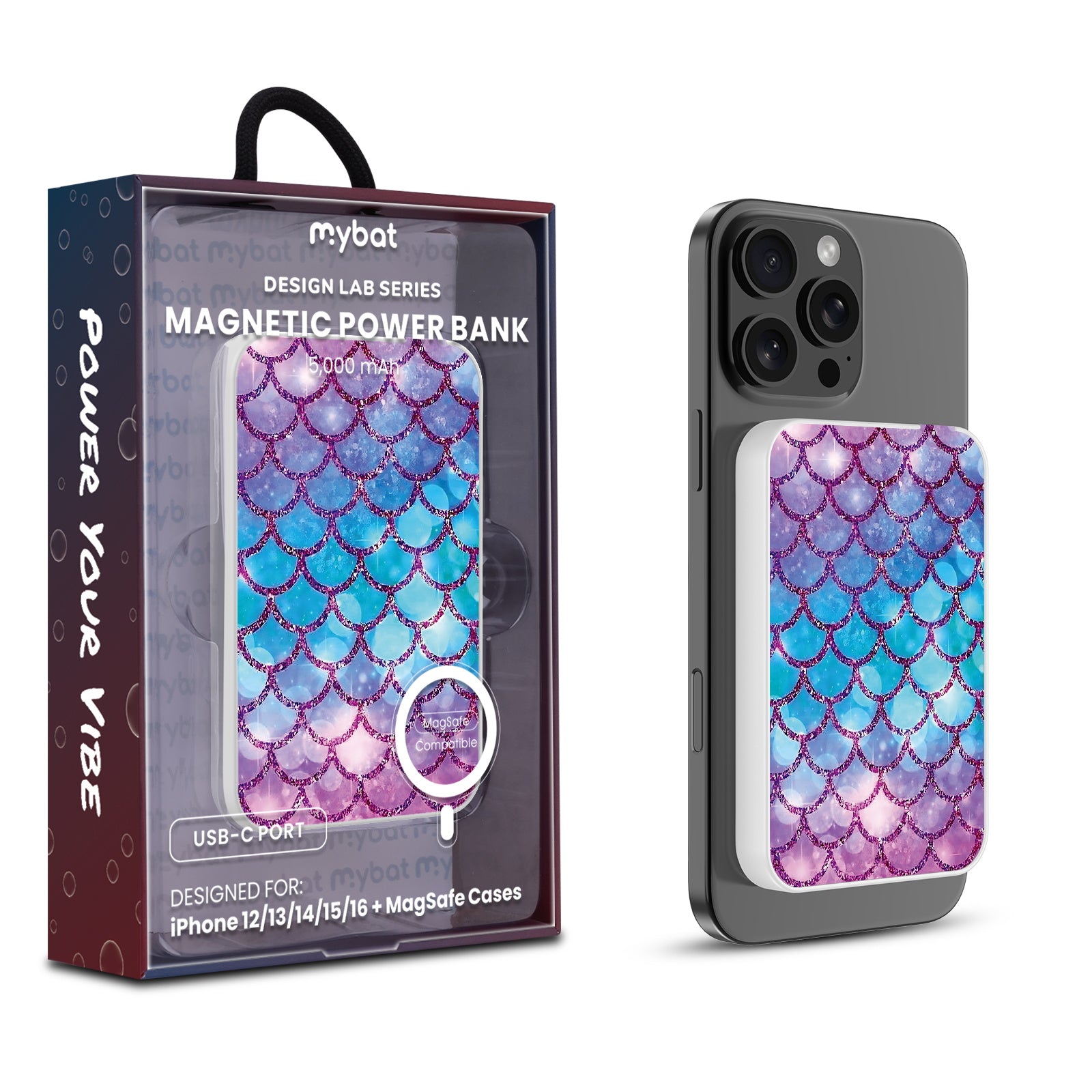 MyBat Design Lab 5000mAh Magnetic Wireless Power Bank - White - Mermaid Scales - MPBBAT132-WH-458-1.jpg