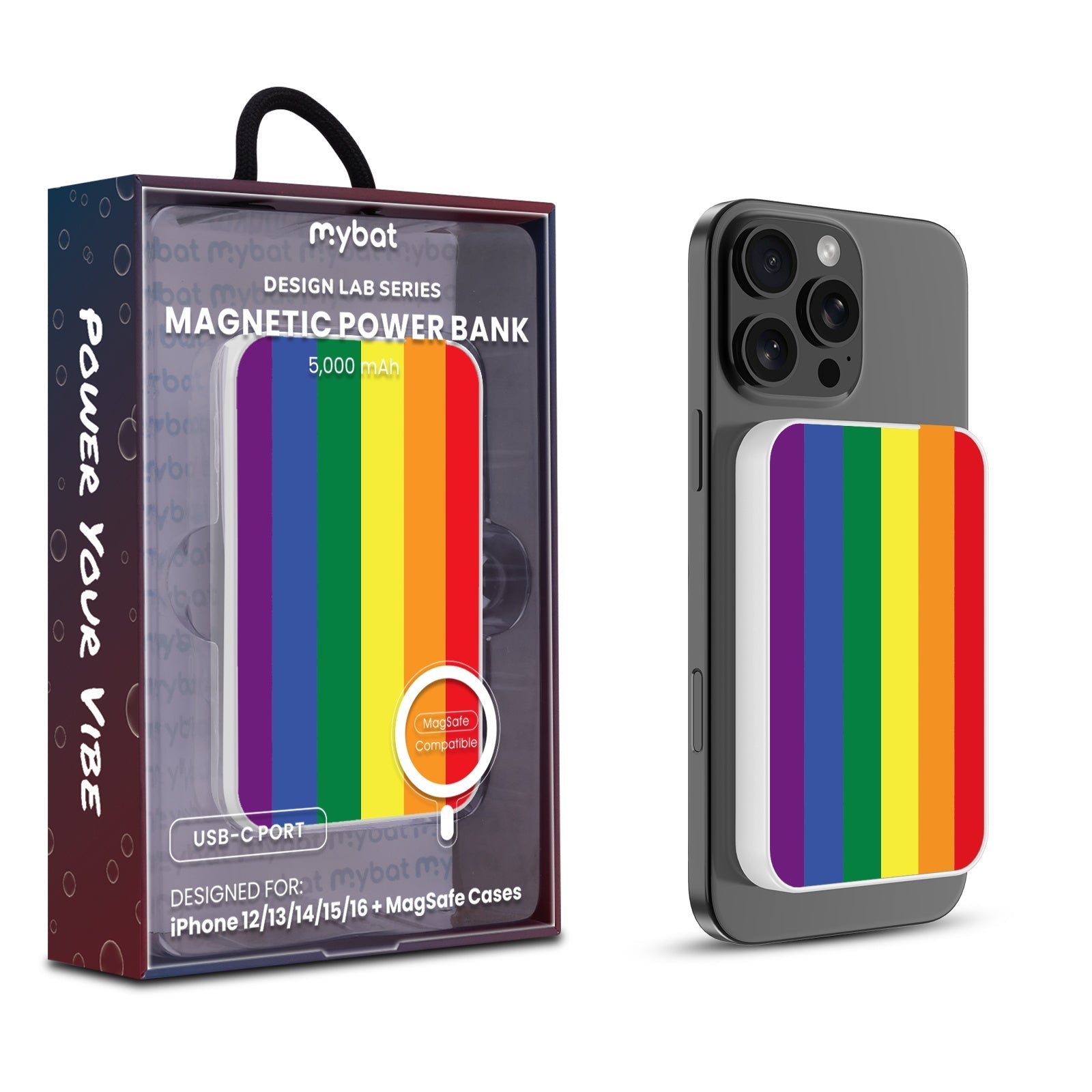MyBat Design Lab 5000mAh Magnetic Wireless Power Bank - White - Rainbow Stripes