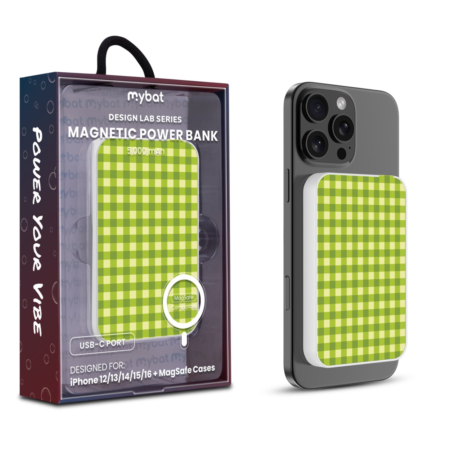 MyBat Design Lab 5000mAh Magnetic Wireless Power Bank - White - Green Gingham - MPBBAT132-WH-476-1.jpg