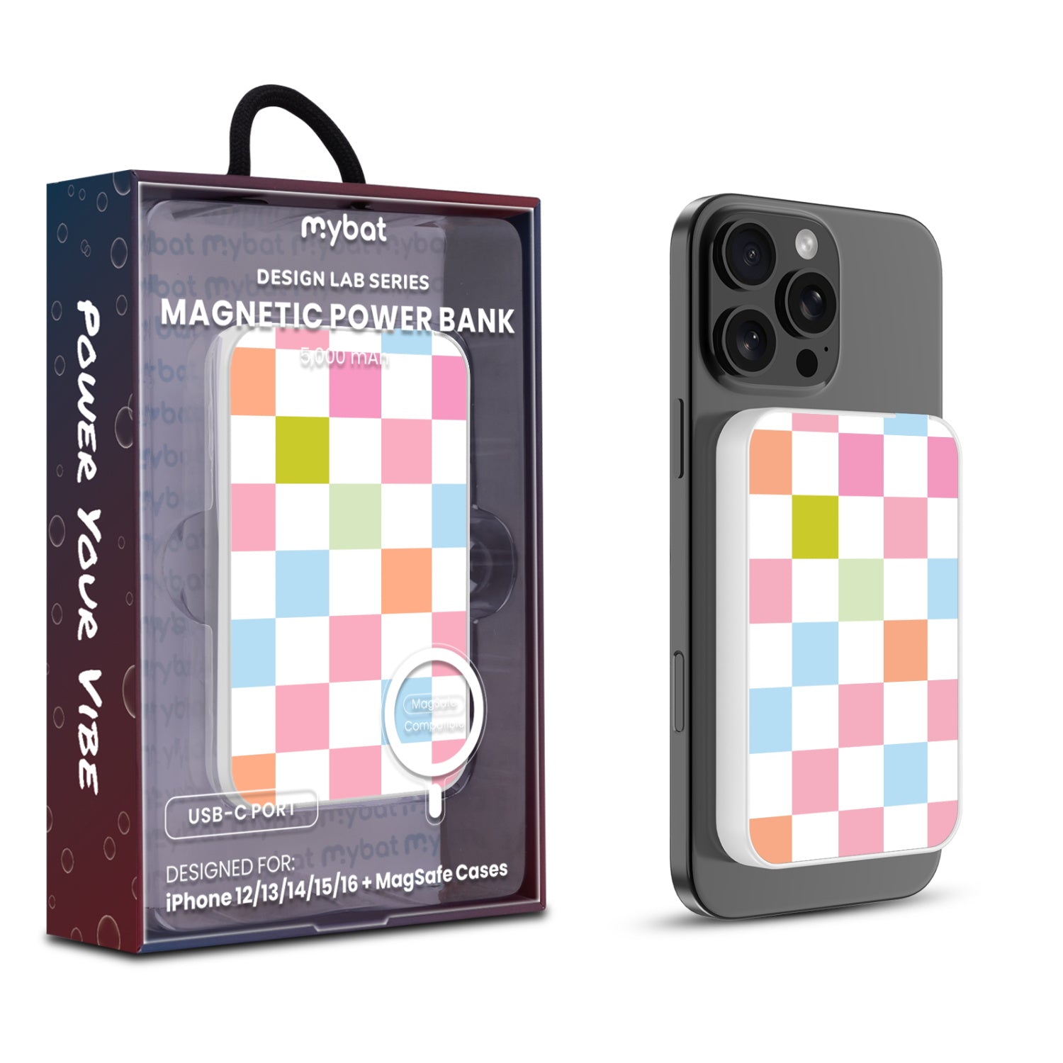 MyBat Design Lab 5000mAh Magnetic Wireless Power Bank - White - Pastel Check