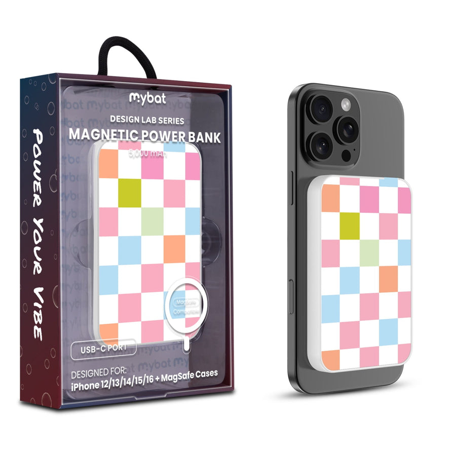 MyBat Design Lab 5000mAh Magnetic Wireless Power Bank - White - Pastel Check