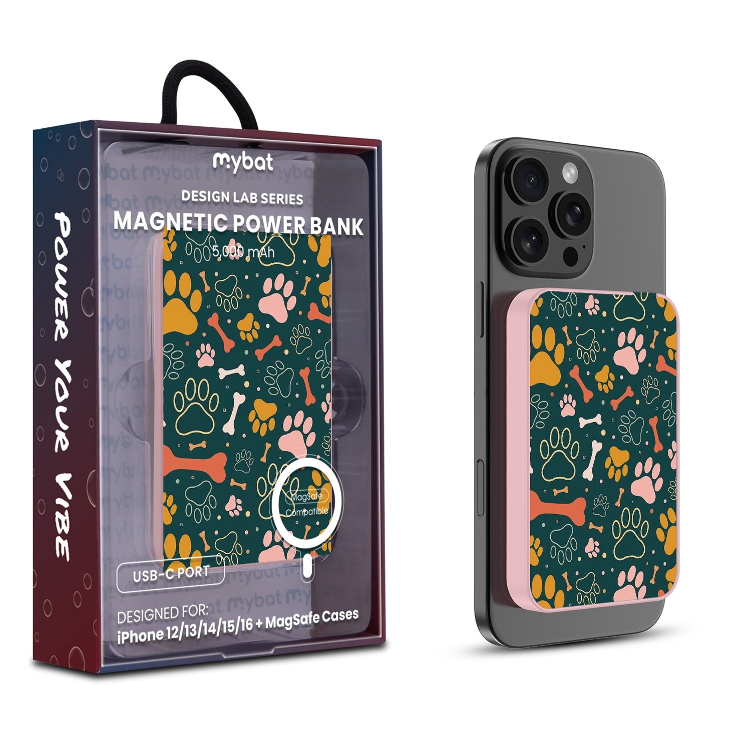 MyBat Design Lab 5000mAh Magnetic Wireless Power Bank - Pink - Paw Prints & Bones - MPBBAT133-PK-003-1.jpg
