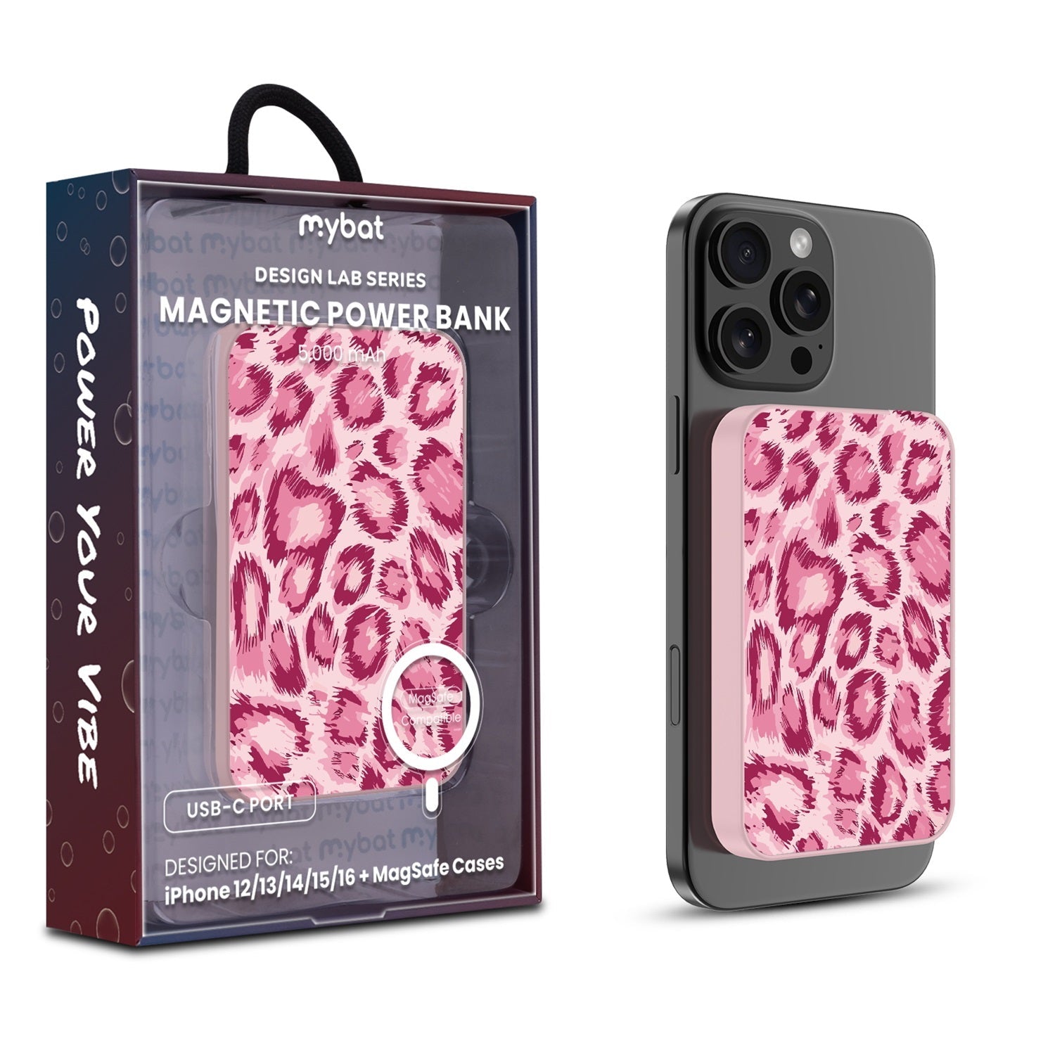 MyBat Design Lab 5000mAh Magnetic Wireless Power Bank - Pink - Pink Leopard Print