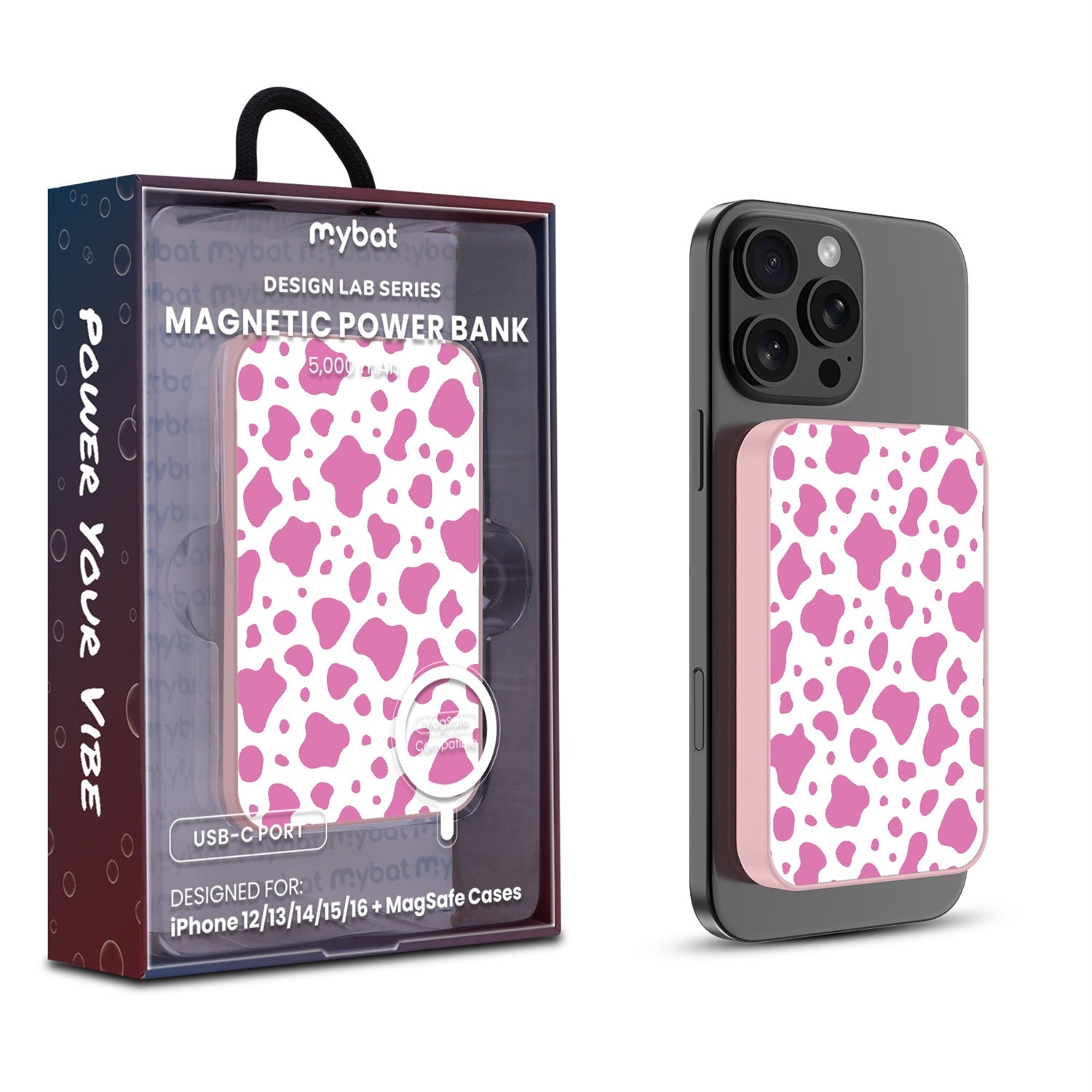 MyBat Design Lab 5000mAh Magnetic Wireless Power Bank - Pink - Pink Cow Print - MPBBAT133-PK-015-1.jpg