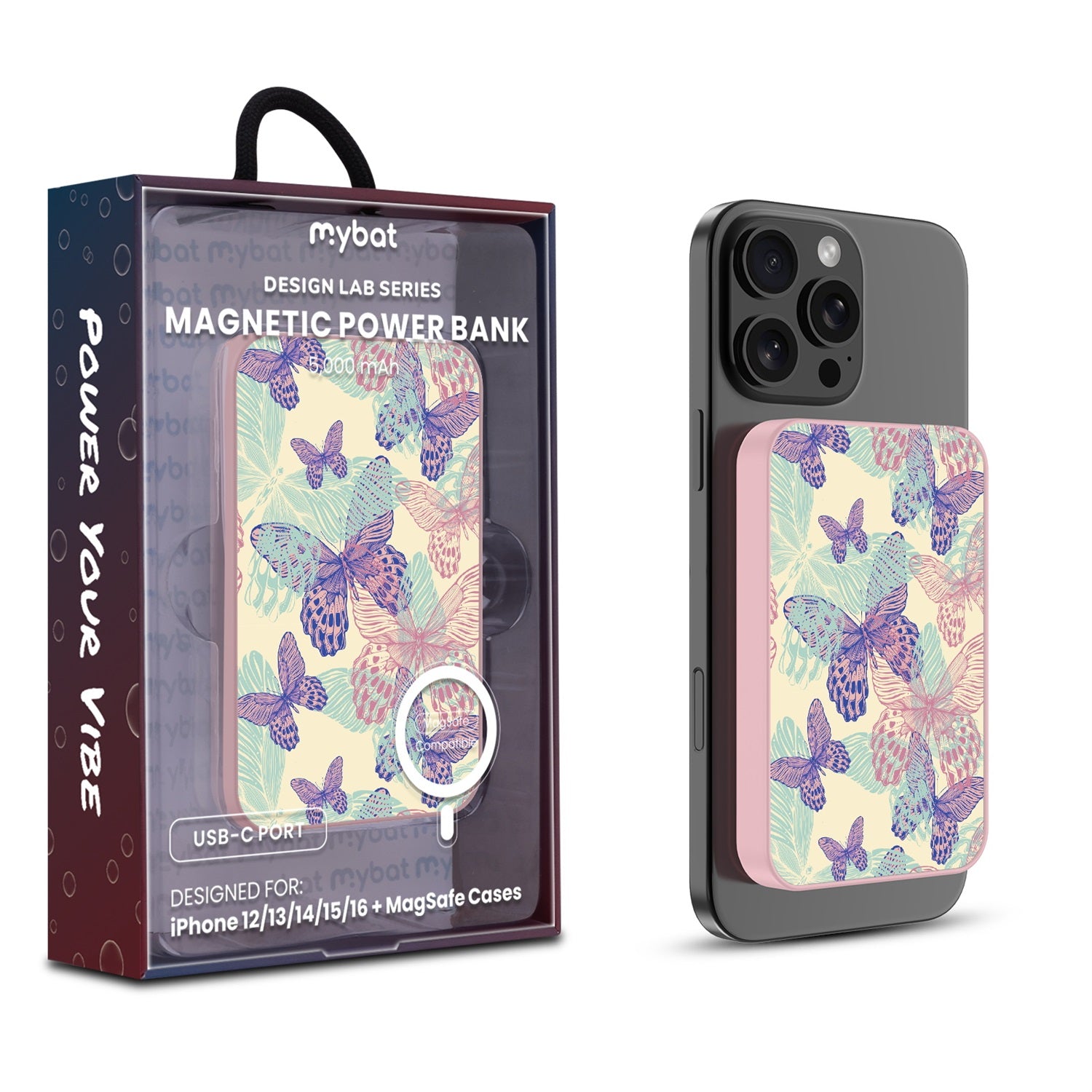 MyBat Design Lab 5000mAh Magnetic Wireless Power Bank - Pink - Butterflies - MPBBAT133-PK-019-1.jpg