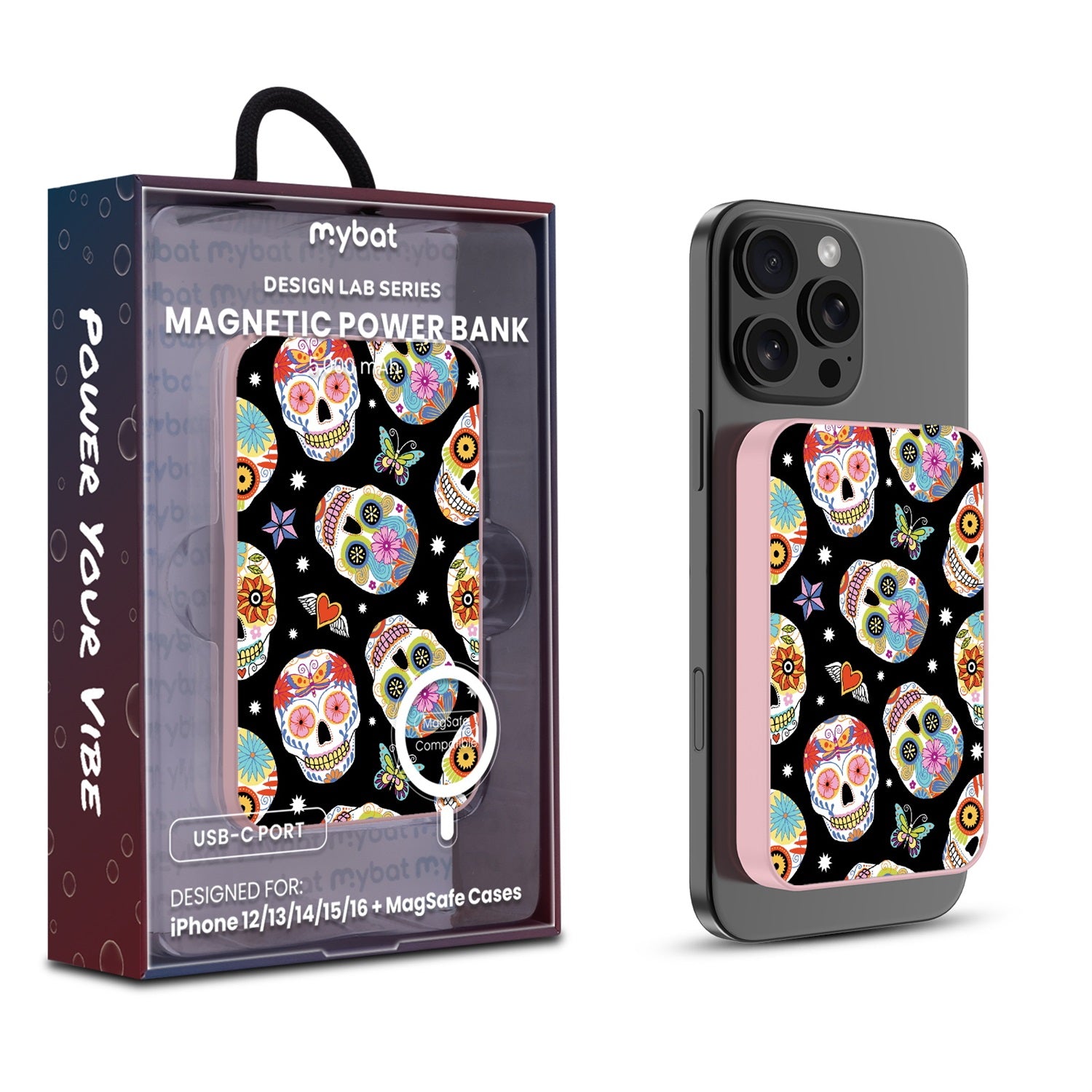 MyBat Design Lab 5000mAh Magnetic Wireless Power Bank - Pink - Day of the Dead - MPBBAT133-PK-056-1.jpg