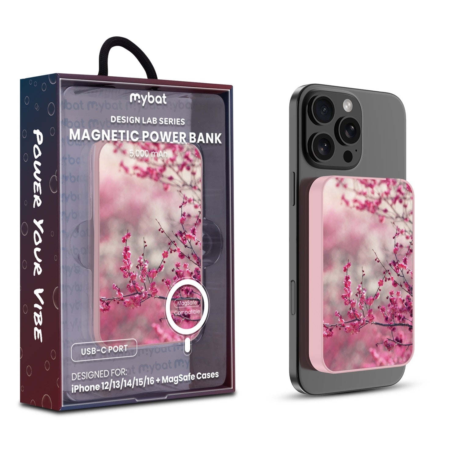 MyBat Design Lab 5000mAh Magnetic Wireless Power Bank - Pink - Sakura Blooms