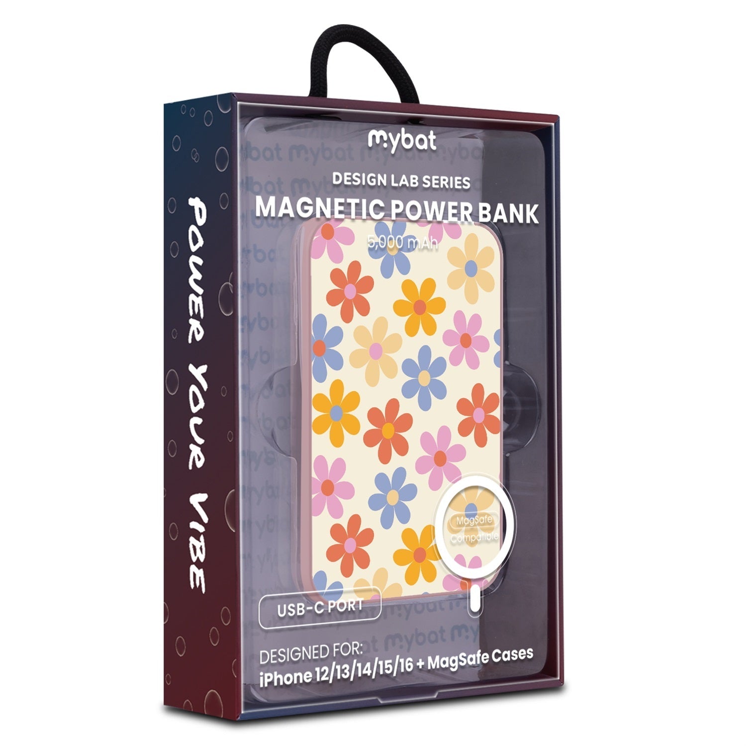 MyBat Design Lab 5000mAh Magnetic Wireless Power Bank - Pink - Retro Daisies