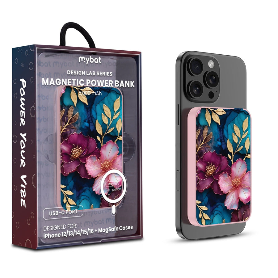 MyBat Design Lab 5000mAh Magnetic Wireless Power Bank - Pink - Gilded Petals