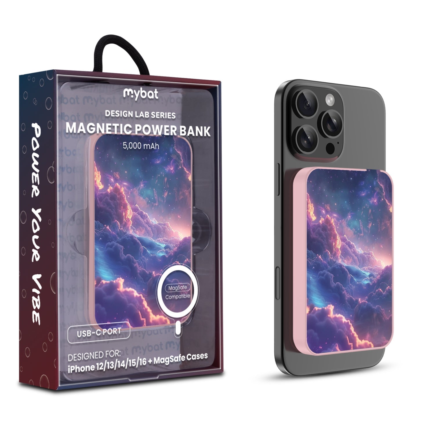 MyBat Design Lab 5000mAh Magnetic Wireless Power Bank - Pink - Galaxy Clouds