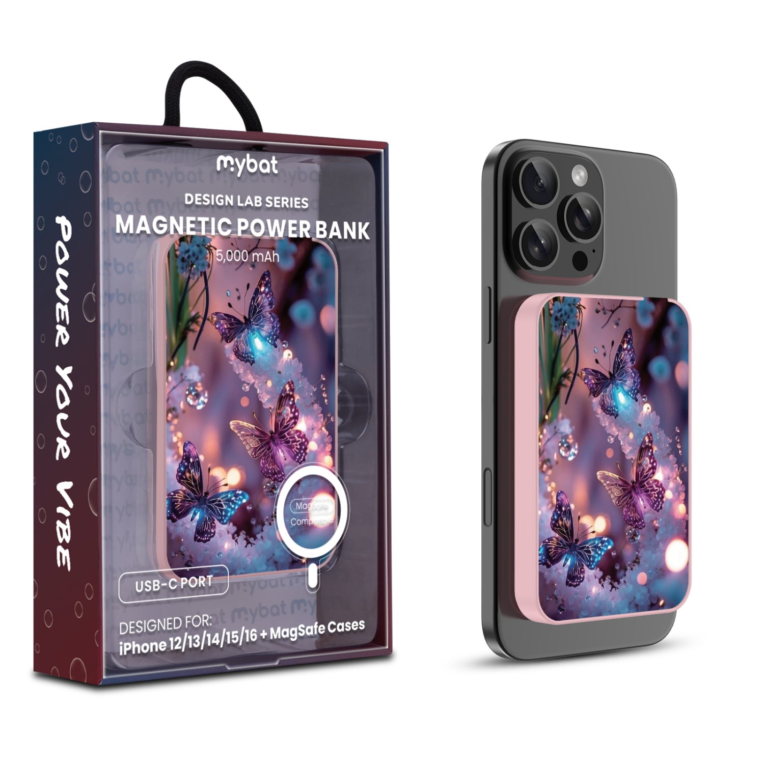 MyBat Design Lab 5000mAh Magnetic Wireless Power Bank - Pink - Magical Butterflies - MPBBAT133-PK-349-1.jpg