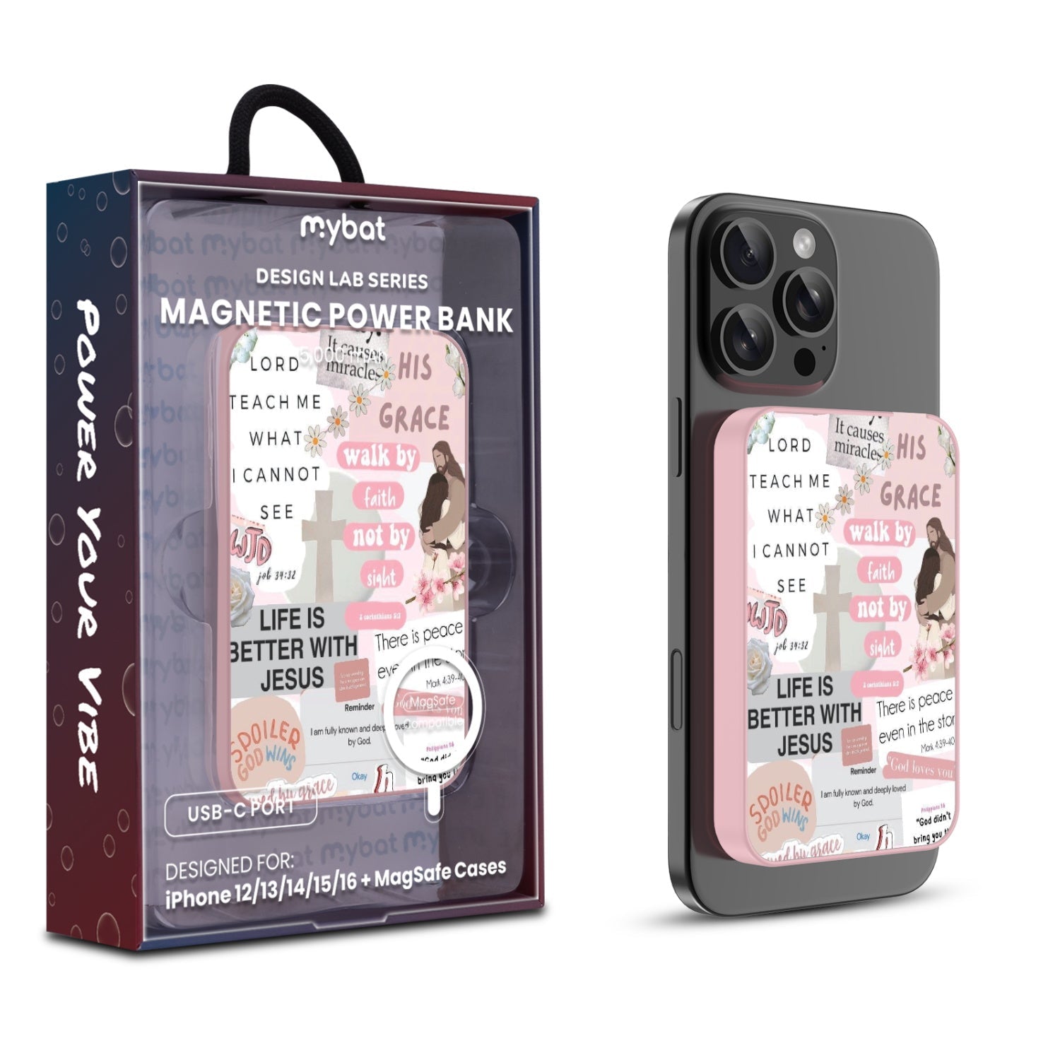 MyBat Design Lab 5000mAh Magnetic Wireless Power Bank - Pink - Jesus Loves You
