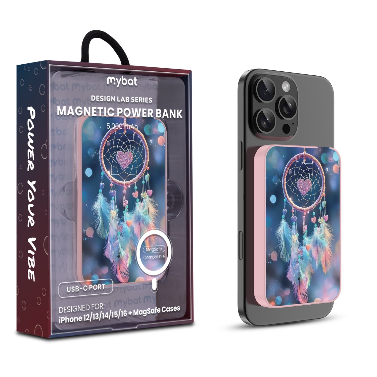MyBat Design Lab 5000mAh Magnetic Wireless Power Bank - Pink - Pastel Dreamcatcher