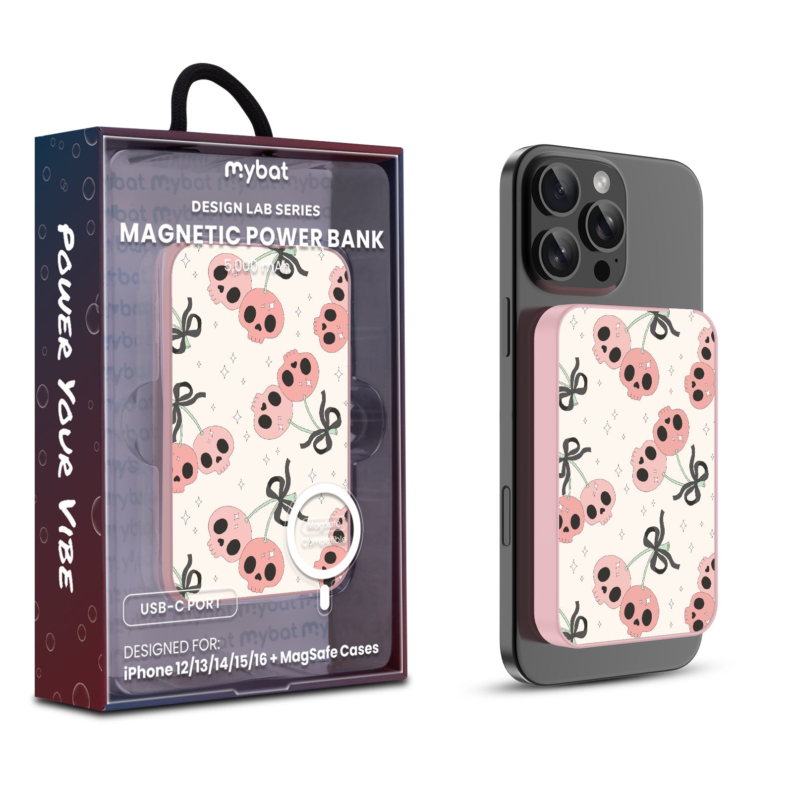 MyBat Design Lab 5000mAh Magnetic Wireless Power Bank - Pink - Cherry Skulls - MPBBAT133-PK-408-1.jpg