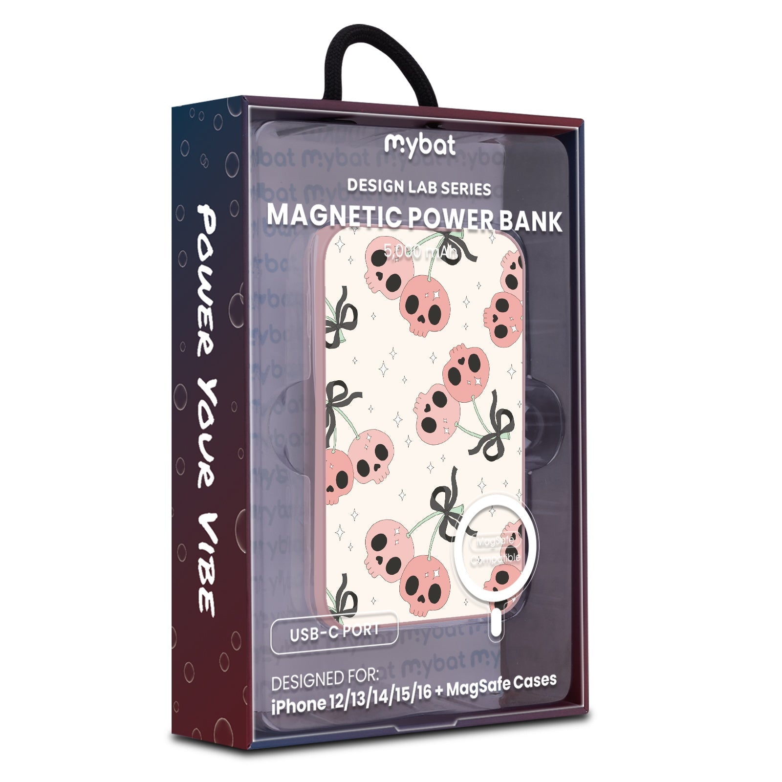 MyBat Design Lab 5000mAh Magnetic Wireless Power Bank - Pink - Cherry Skulls