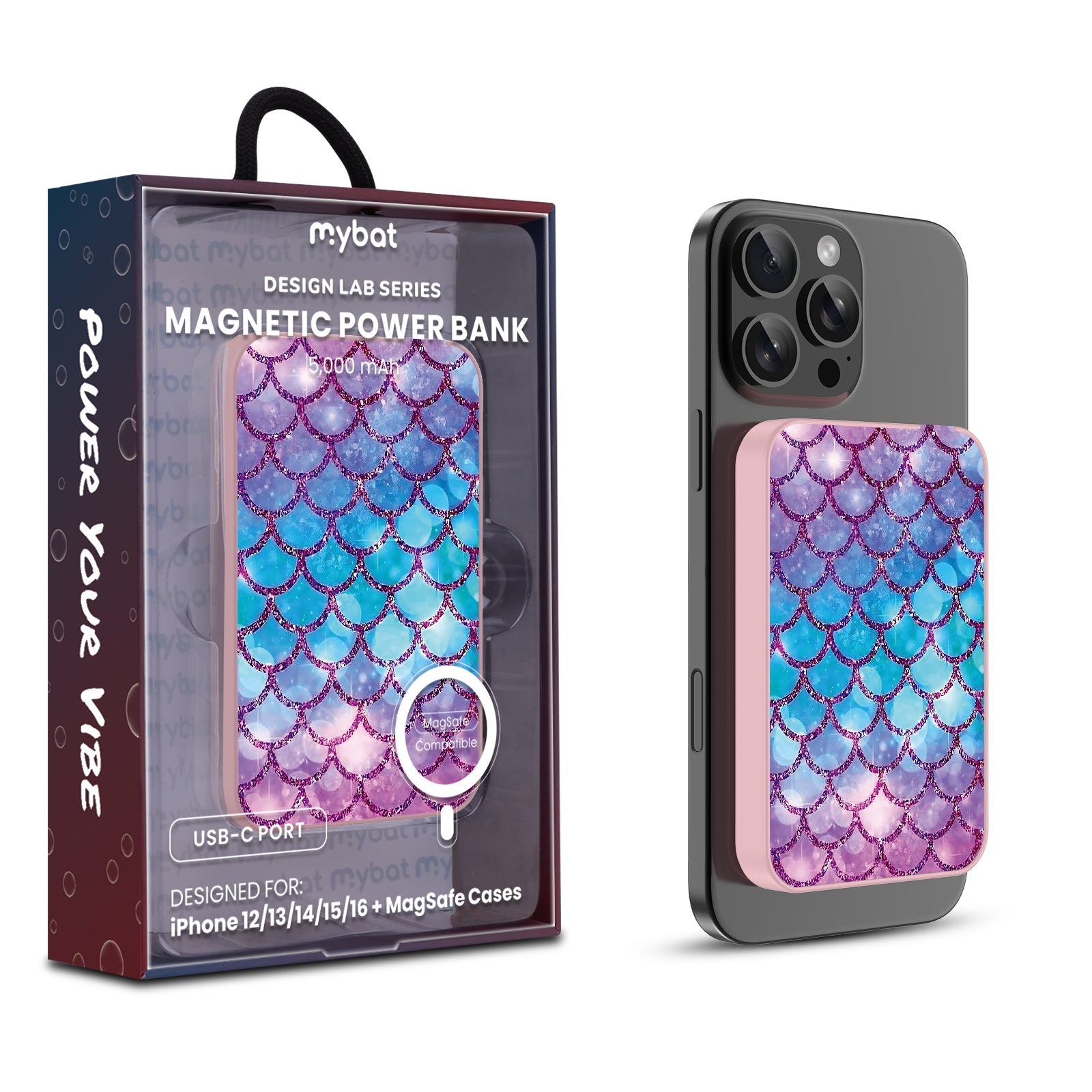MyBat Design Lab 5000mAh Magnetic Wireless Power Bank - Pink - Mermaid Scales
