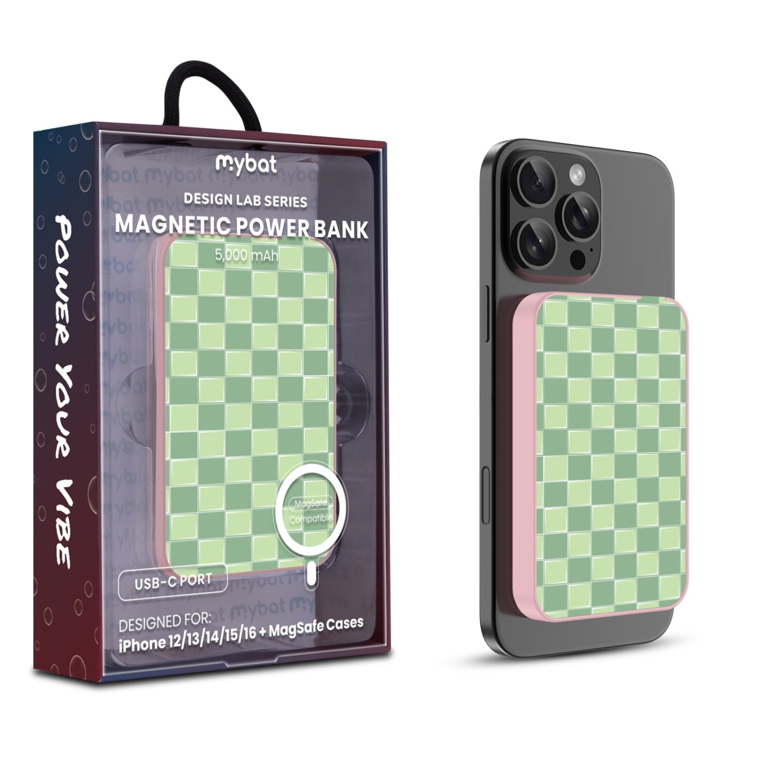 MyBat Design Lab 5000mAh Magnetic Wireless Power Bank - Pink - Matcha Check