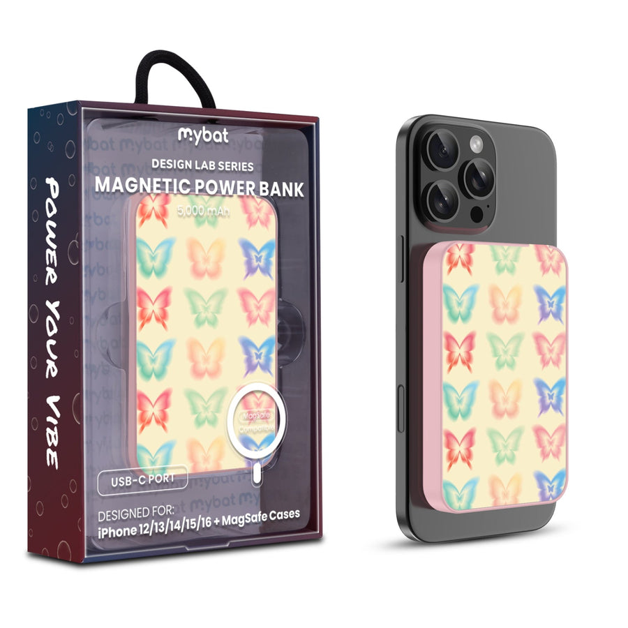 MyBat Design Lab 5000mAh Magnetic Wireless Power Bank - Pink - Technicolor Butterflies