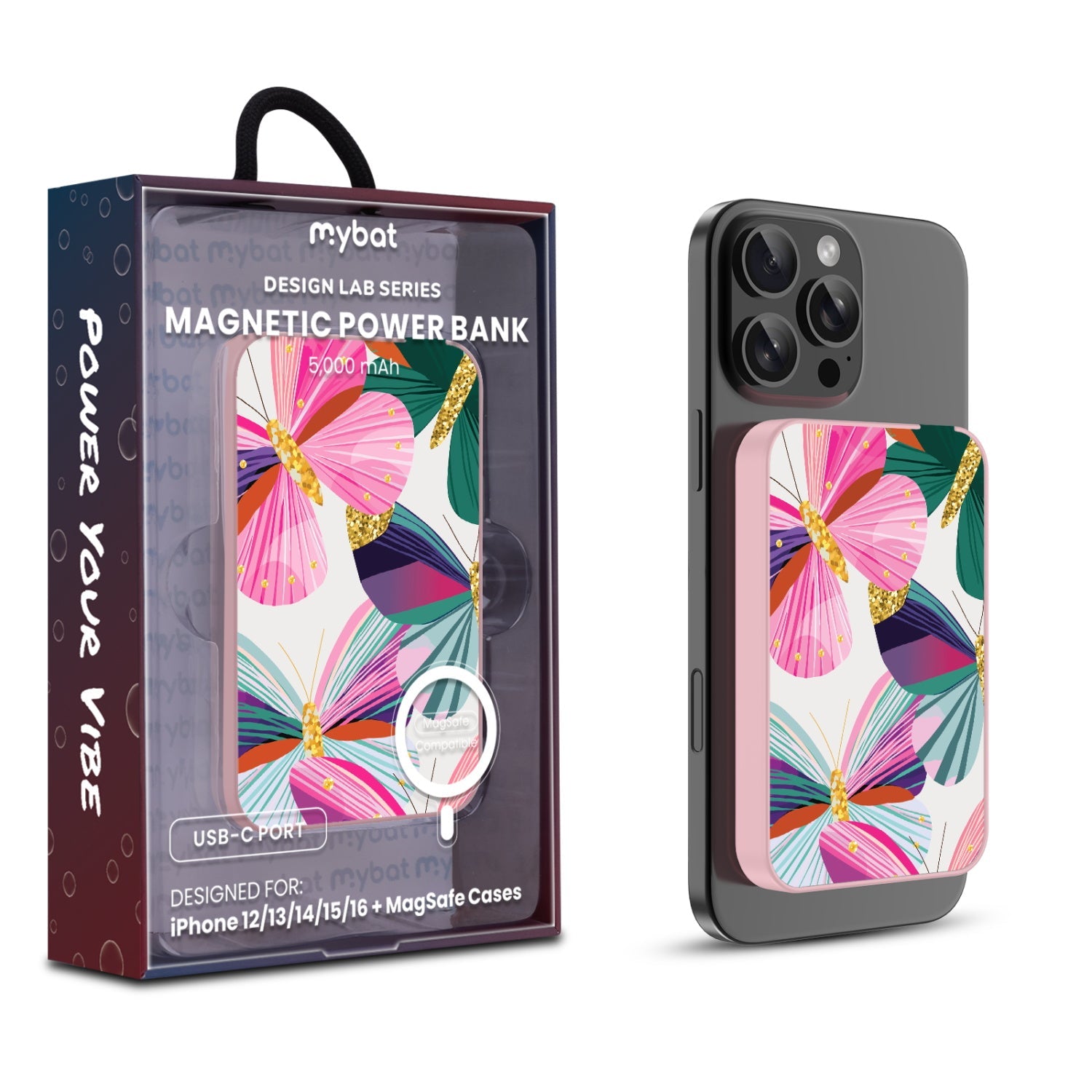 MyBat Design Lab 5000mAh Magnetic Wireless Power Bank - Pink - Bright Flutter