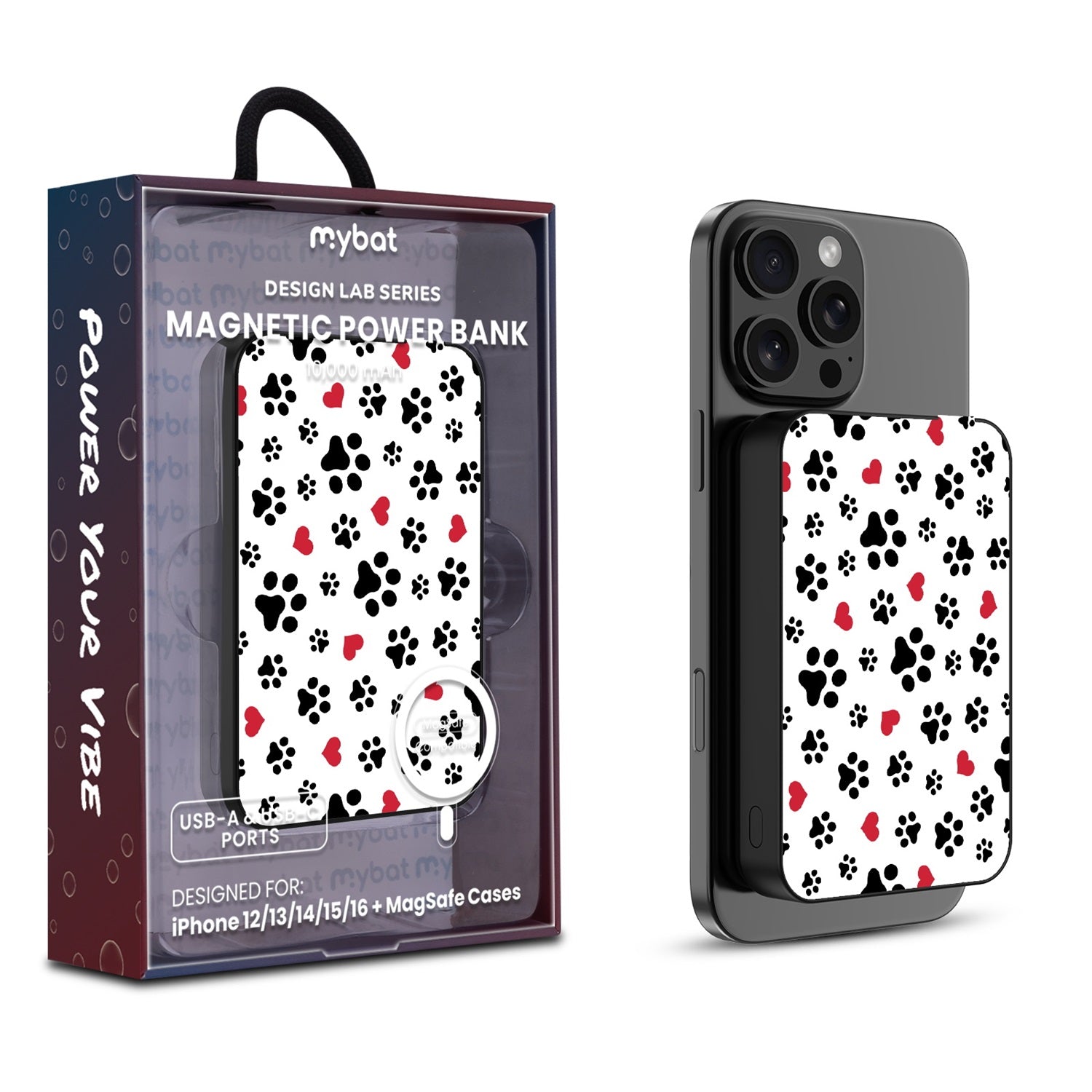MyBat Design Lab 10000mAh Magnetic Wireless Power Bank - Black - Paw Prints and Hearts