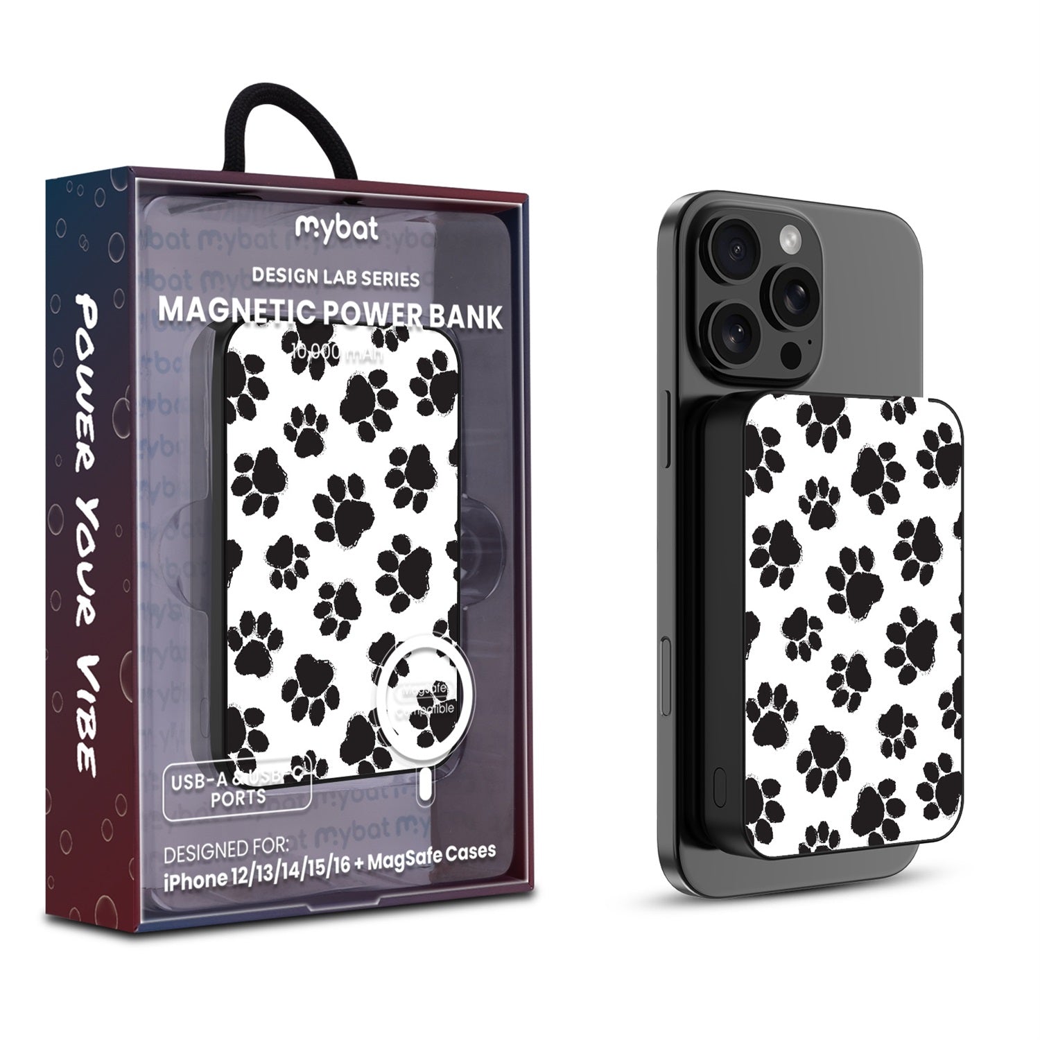 MyBat Design Lab 10000mAh Magnetic Wireless Power Bank - Black - Black Paw Prints
