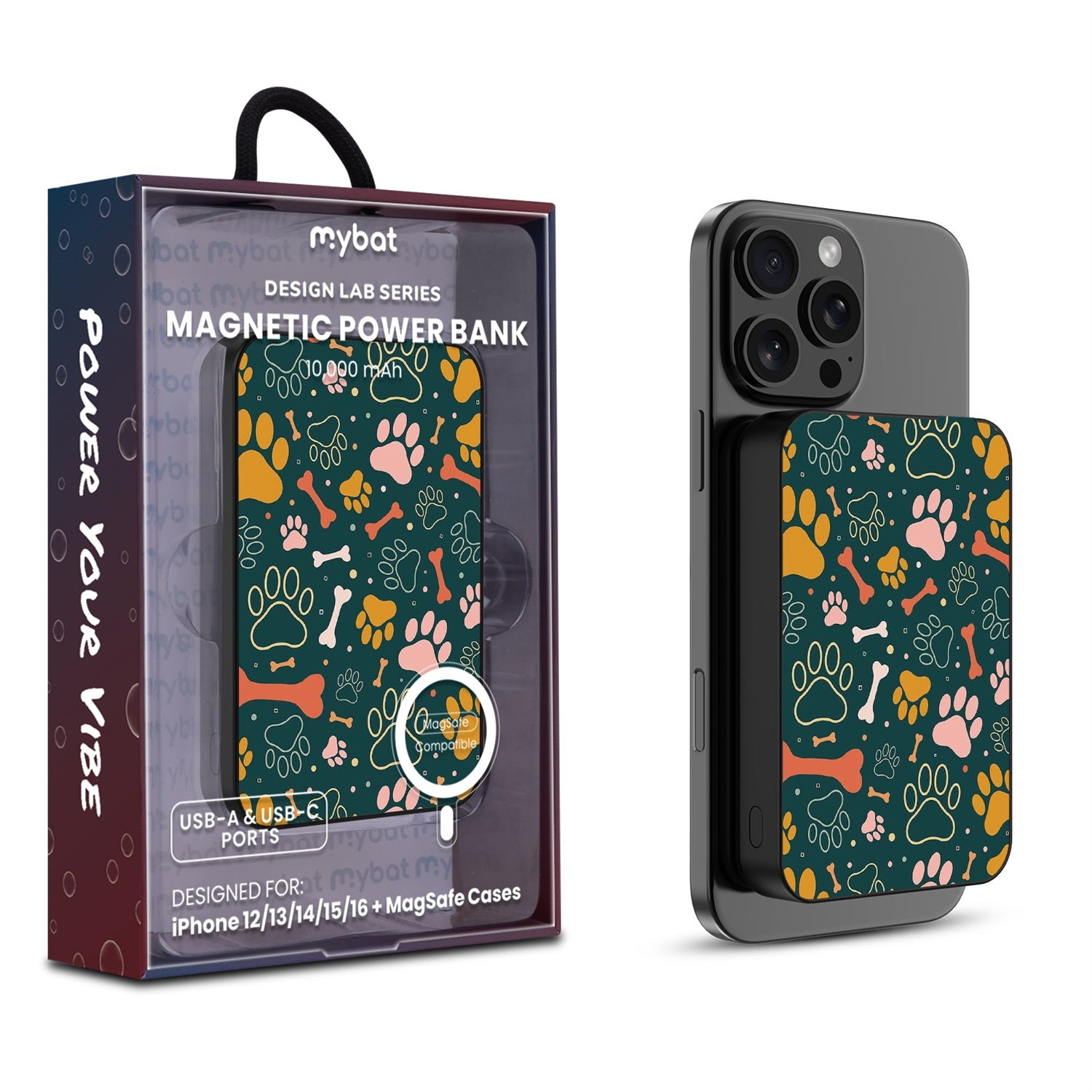 MyBat Design Lab 10000mAh Magnetic Wireless Power Bank - Black - Paw Prints & Bones - MPBBAT141-BK-003-1.jpg