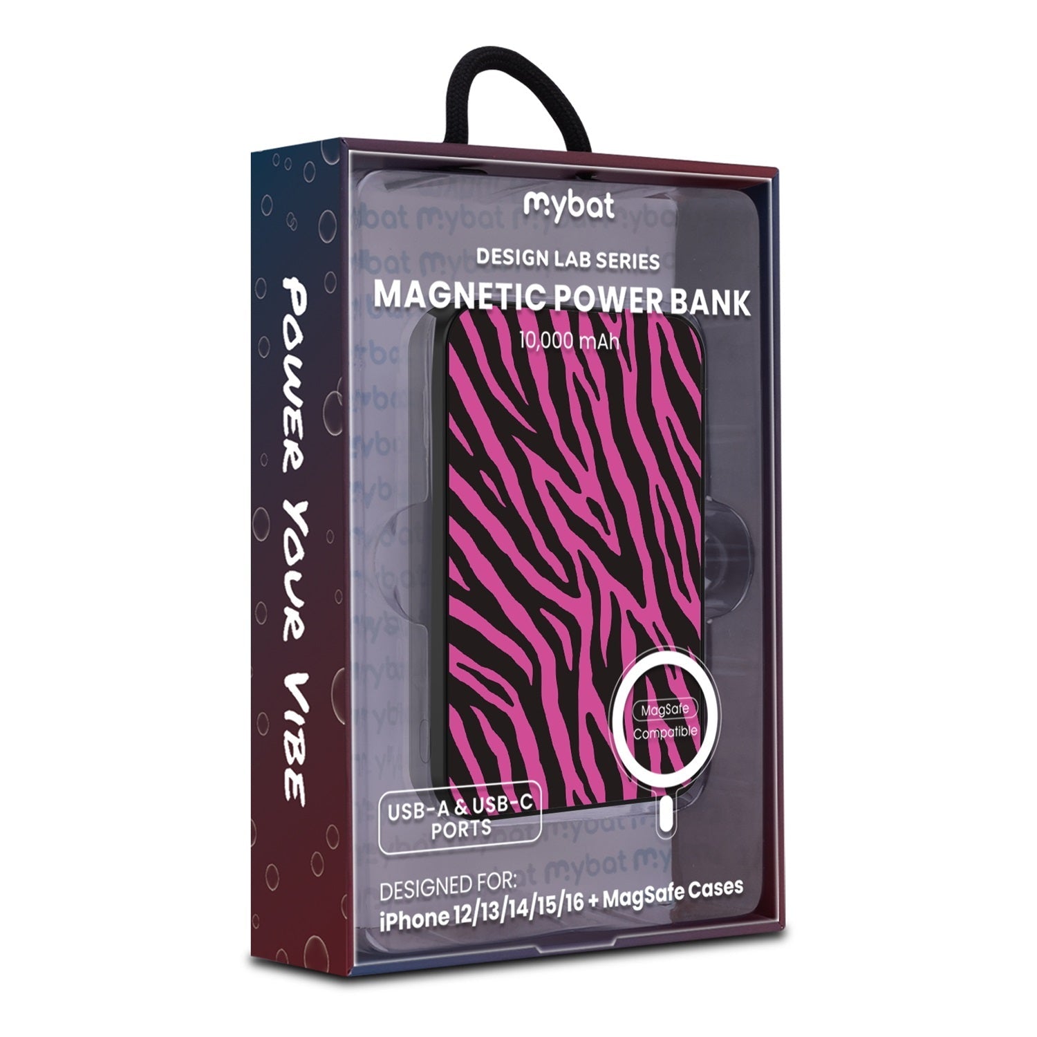 MyBat Design Lab 10000mAh Magnetic Wireless Power Bank - Black - Pink Zebra Print