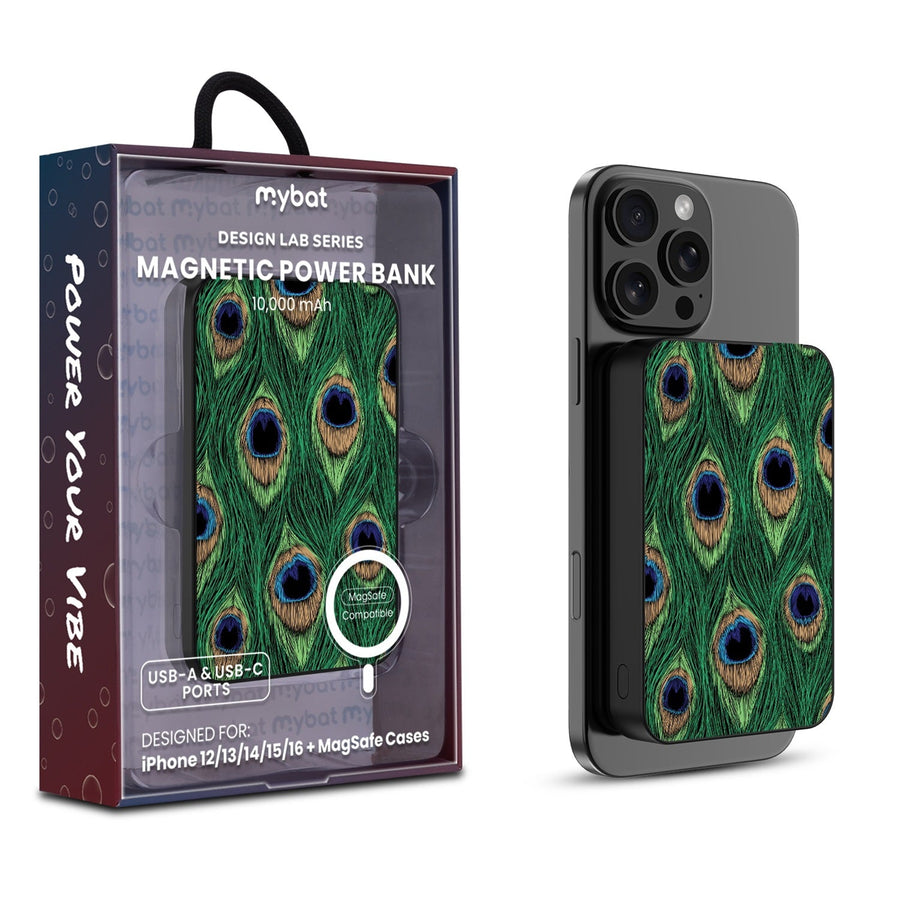 MyBat Design Lab 10000mAh Magnetic Wireless Power Bank - Black - Peacock Feathers