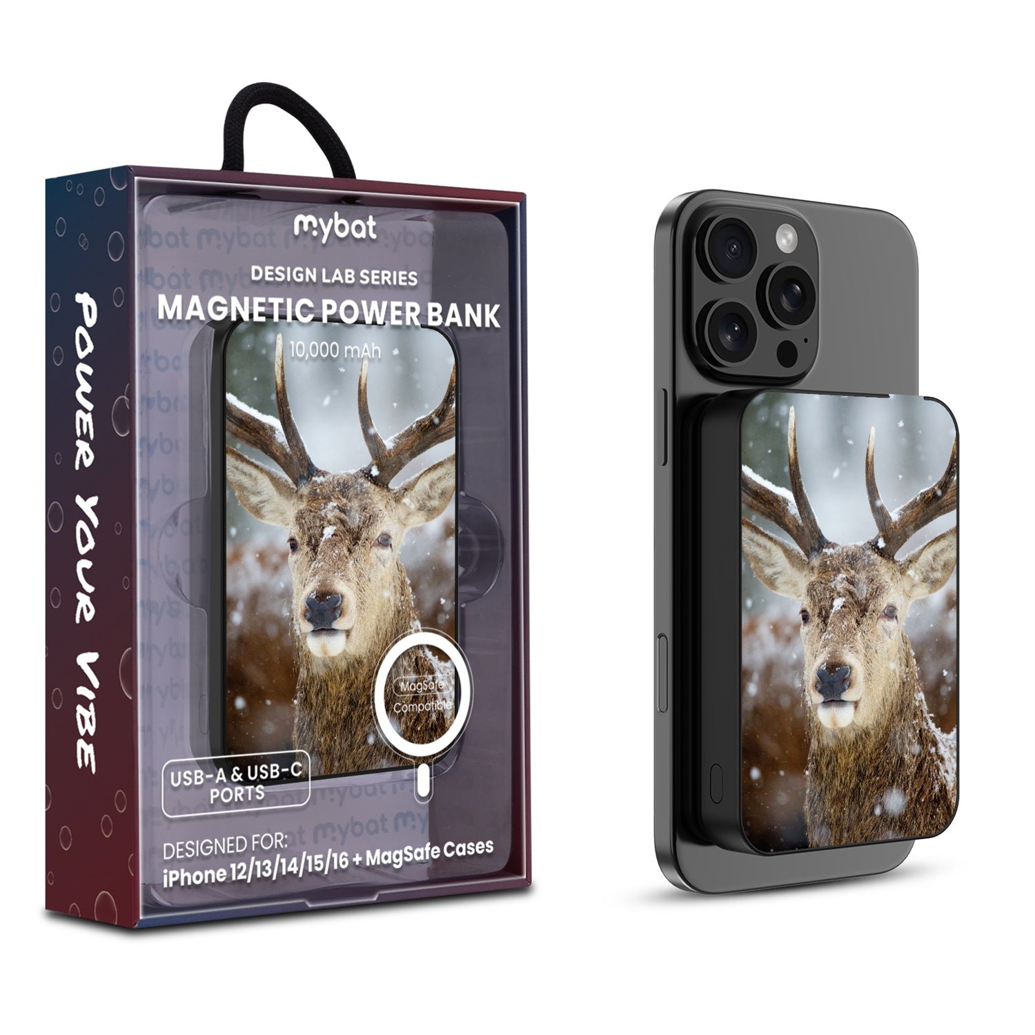 MyBat Design Lab 10000mAh Magnetic Wireless Power Bank - Black - Deer in Winter