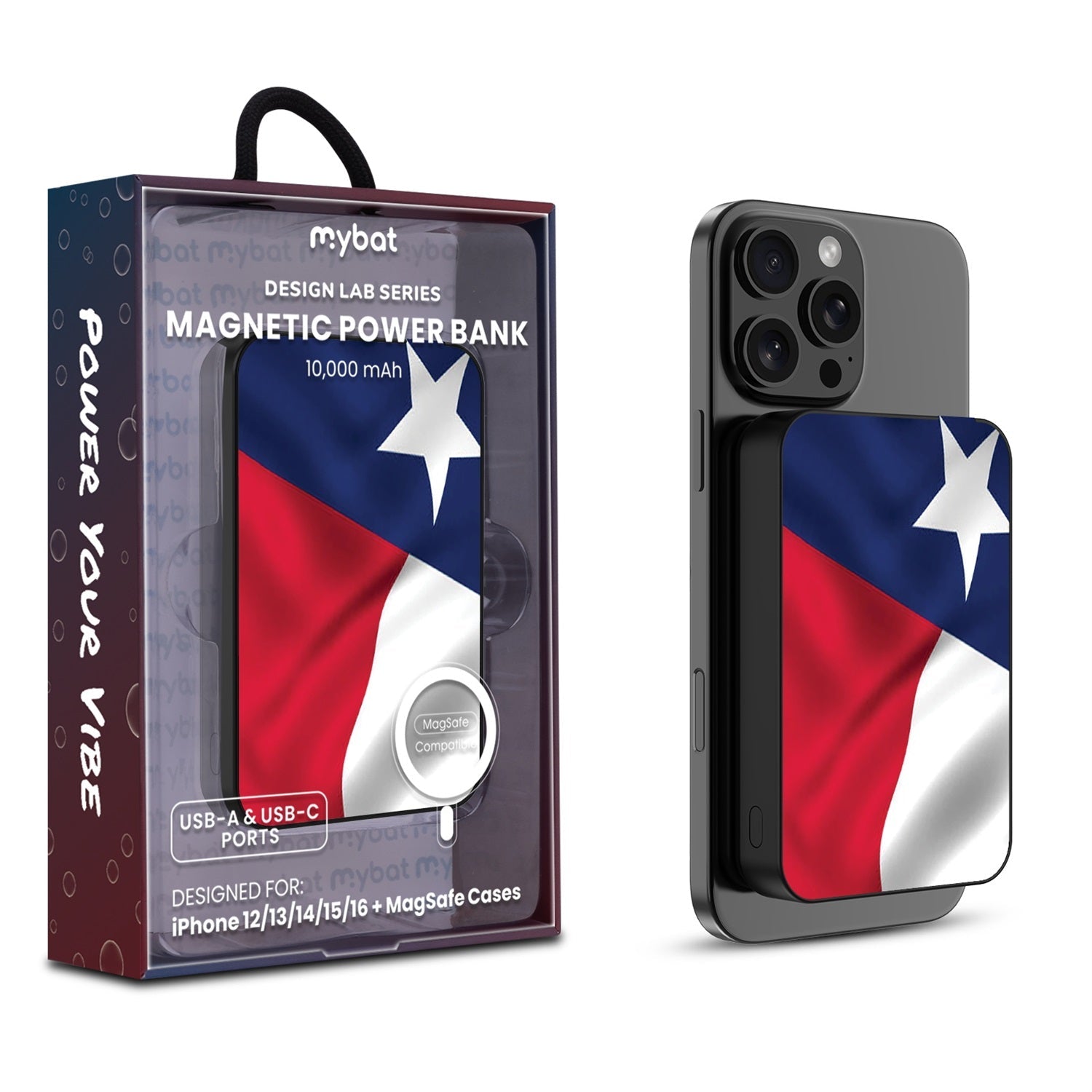 MyBat Design Lab 10000mAh Magnetic Wireless Power Bank - Black - Texas State Flag