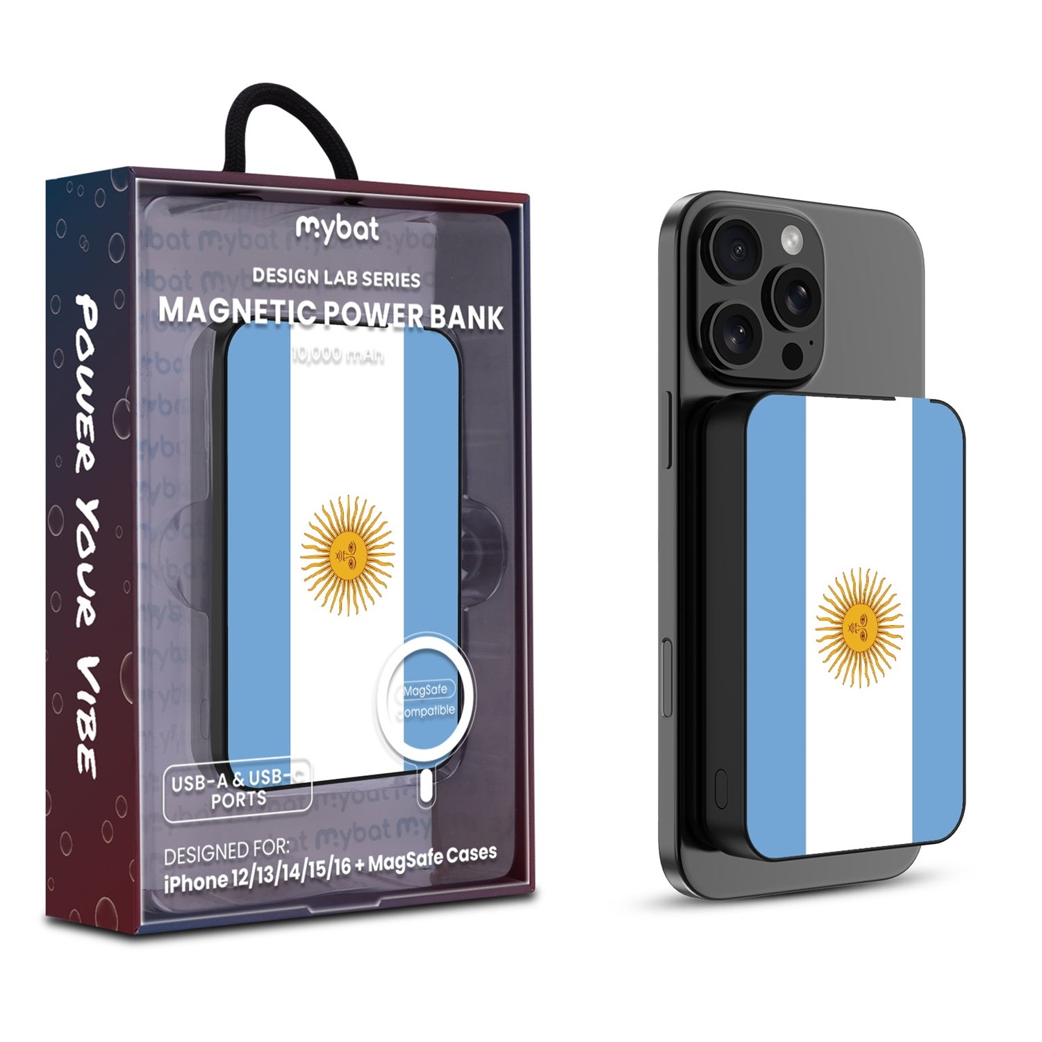 MyBat Design Lab 10000mAh Magnetic Wireless Power Bank - Black - Argentinian Flag