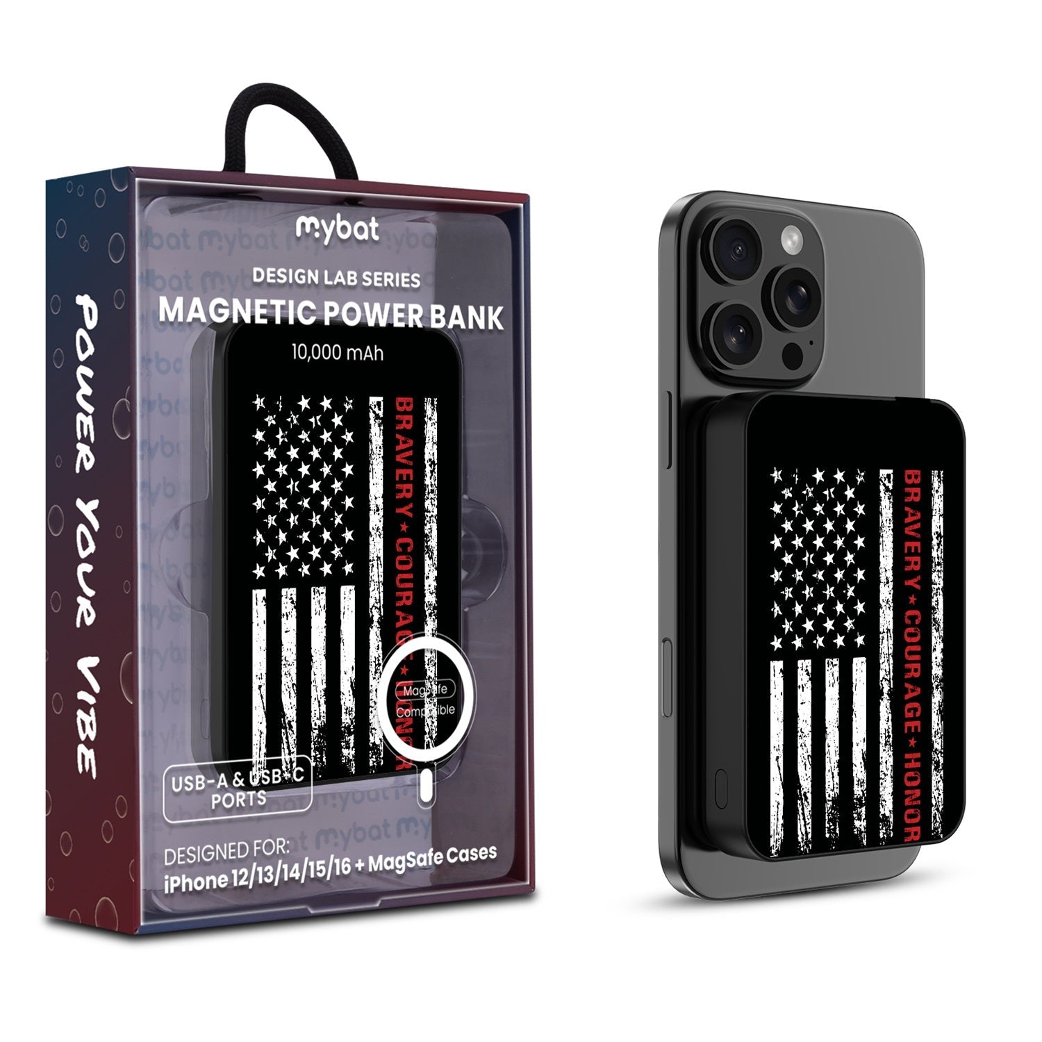 MyBat Design Lab 10000mAh Magnetic Wireless Power Bank - Black - Firefighter Flag