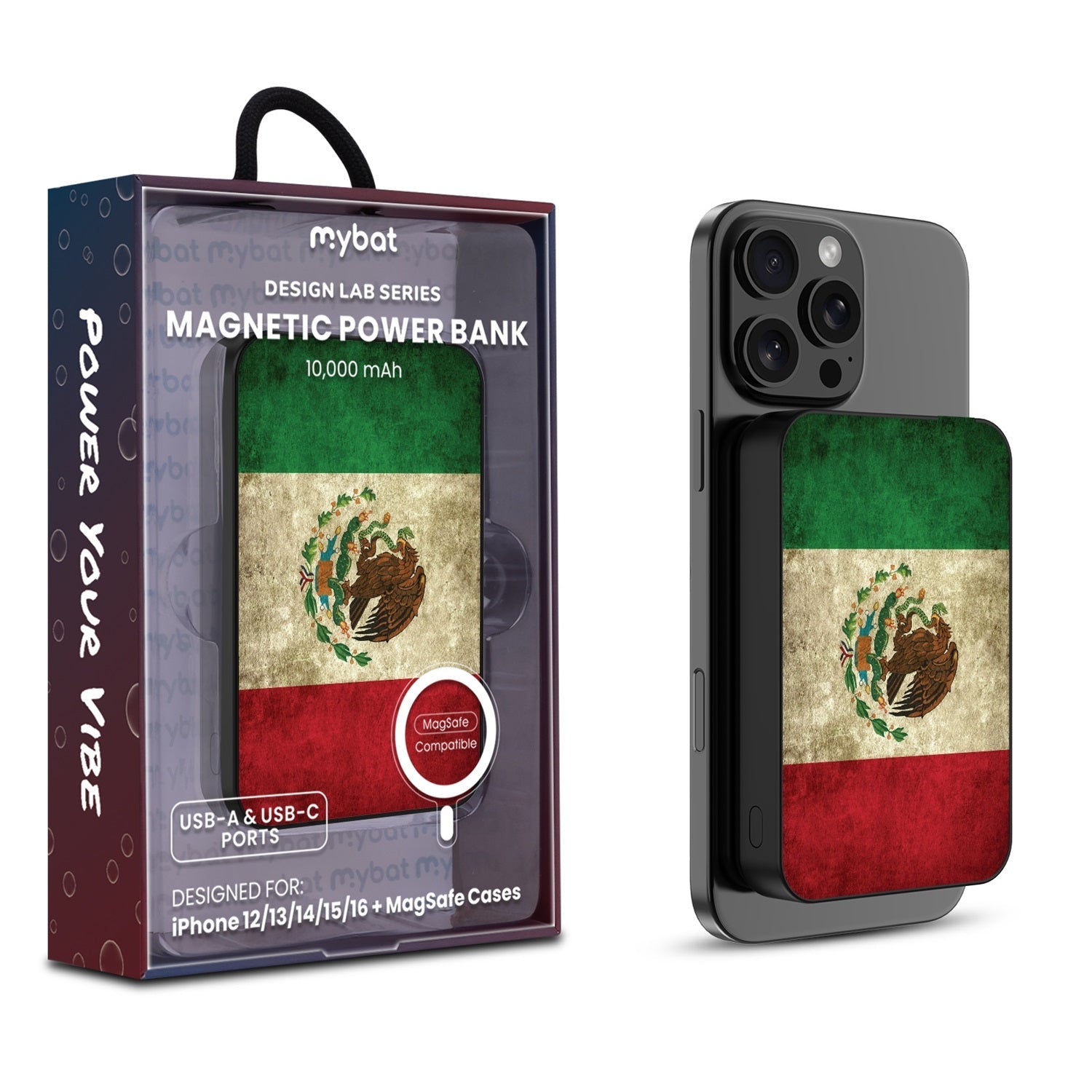 MyBat Design Lab 10000mAh Magnetic Wireless Power Bank - Black - Mexican Flag