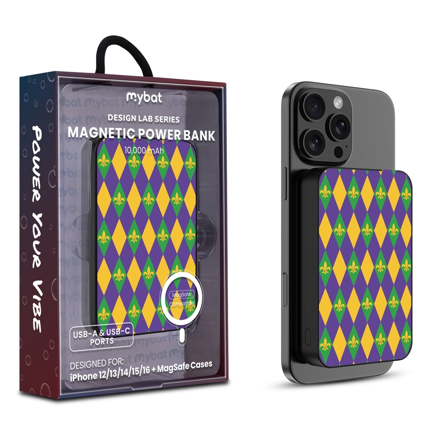 MyBat Design Lab 10000mAh Magnetic Wireless Power Bank - Black - Mardi Gras