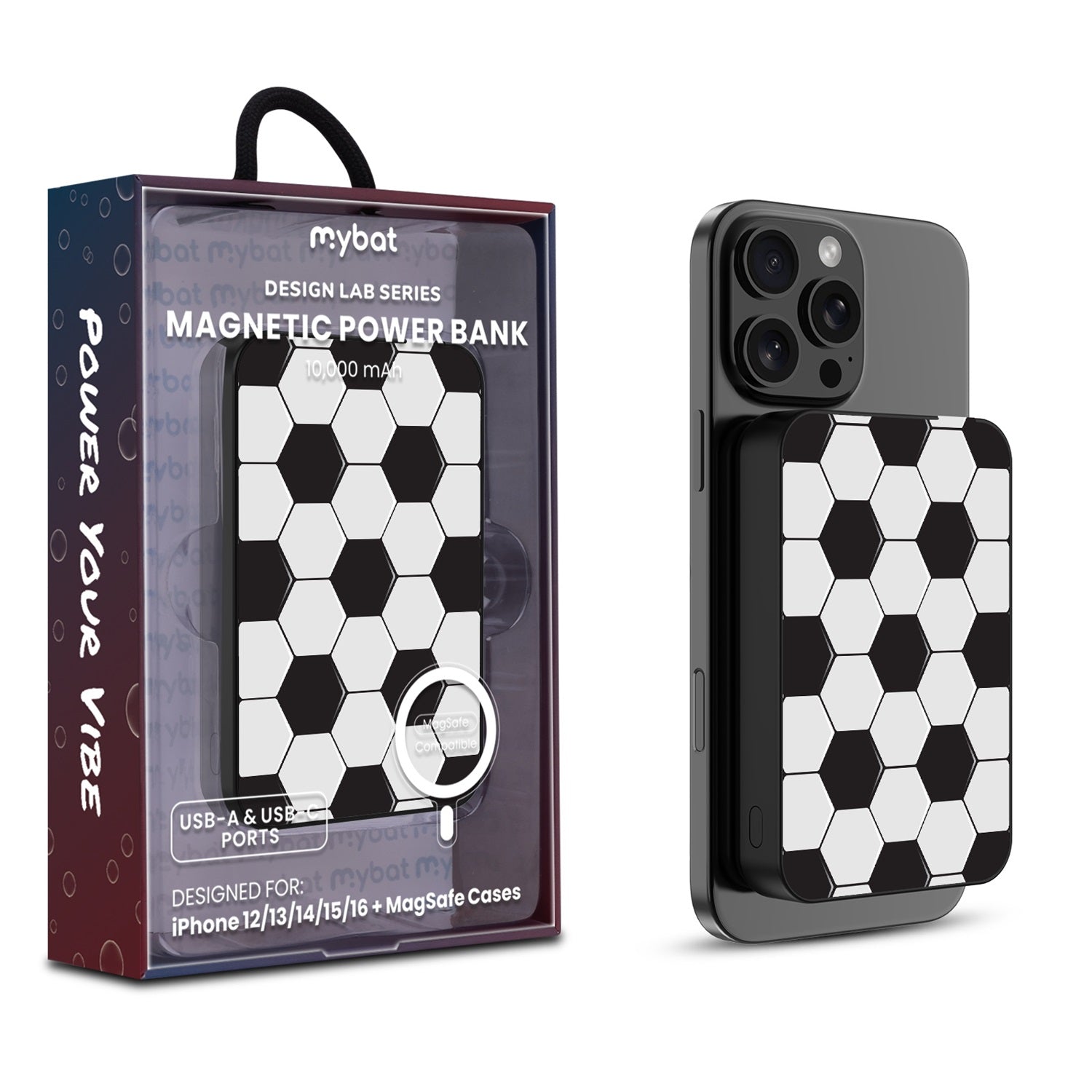 MyBat Design Lab 10000mAh Magnetic Wireless Power Bank - Black - Soccer