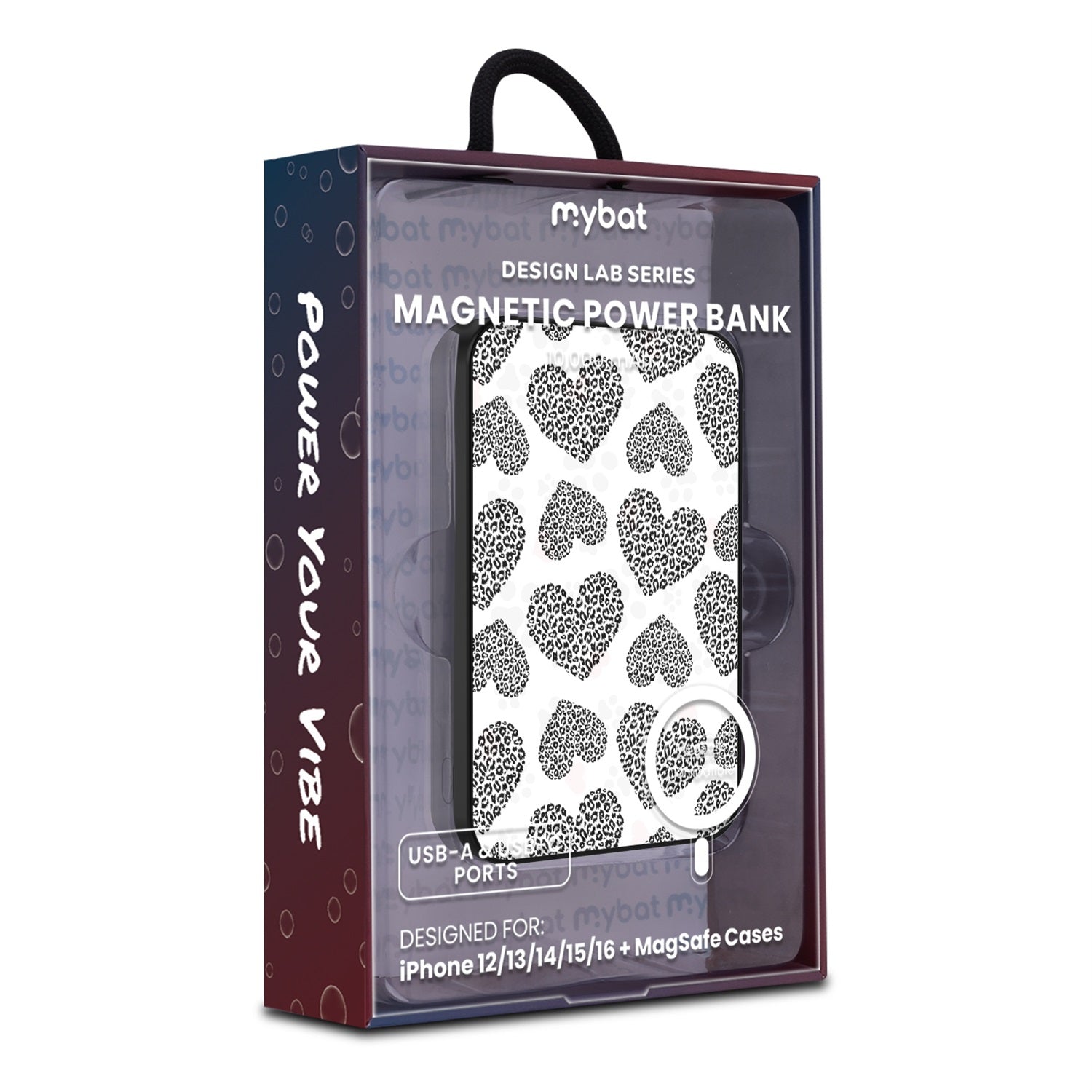 MyBat Design Lab 10000mAh Magnetic Wireless Power Bank - Black - Leopard Print Hearts