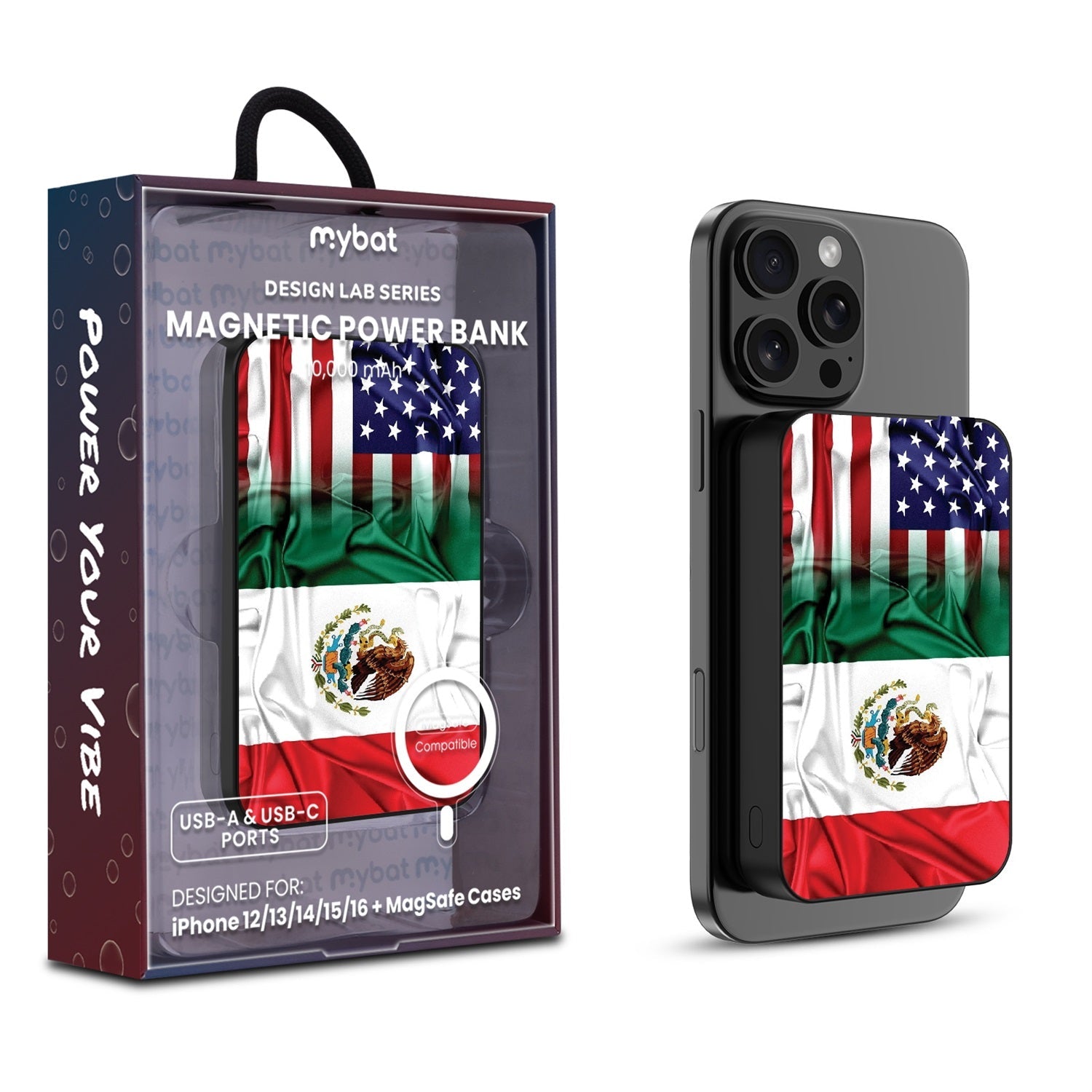 MyBat Design Lab 10000mAh Magnetic Wireless Power Bank - Black - Mexican-American Flag
