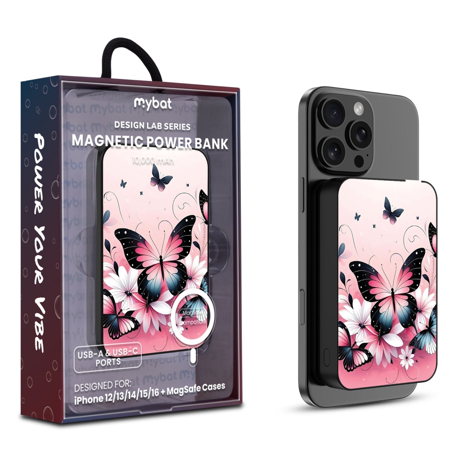 MyBat Design Lab 10000mAh Magnetic Wireless Power Bank - Black - Butterfly Bouquet