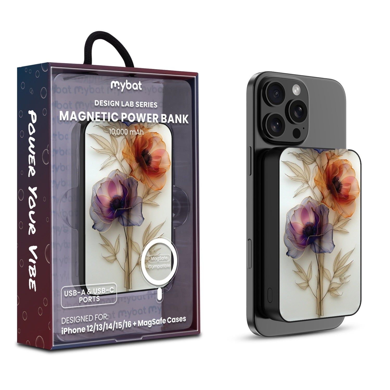 MyBat Design Lab 10000mAh Magnetic Wireless Power Bank - Black - Pressed Flowers