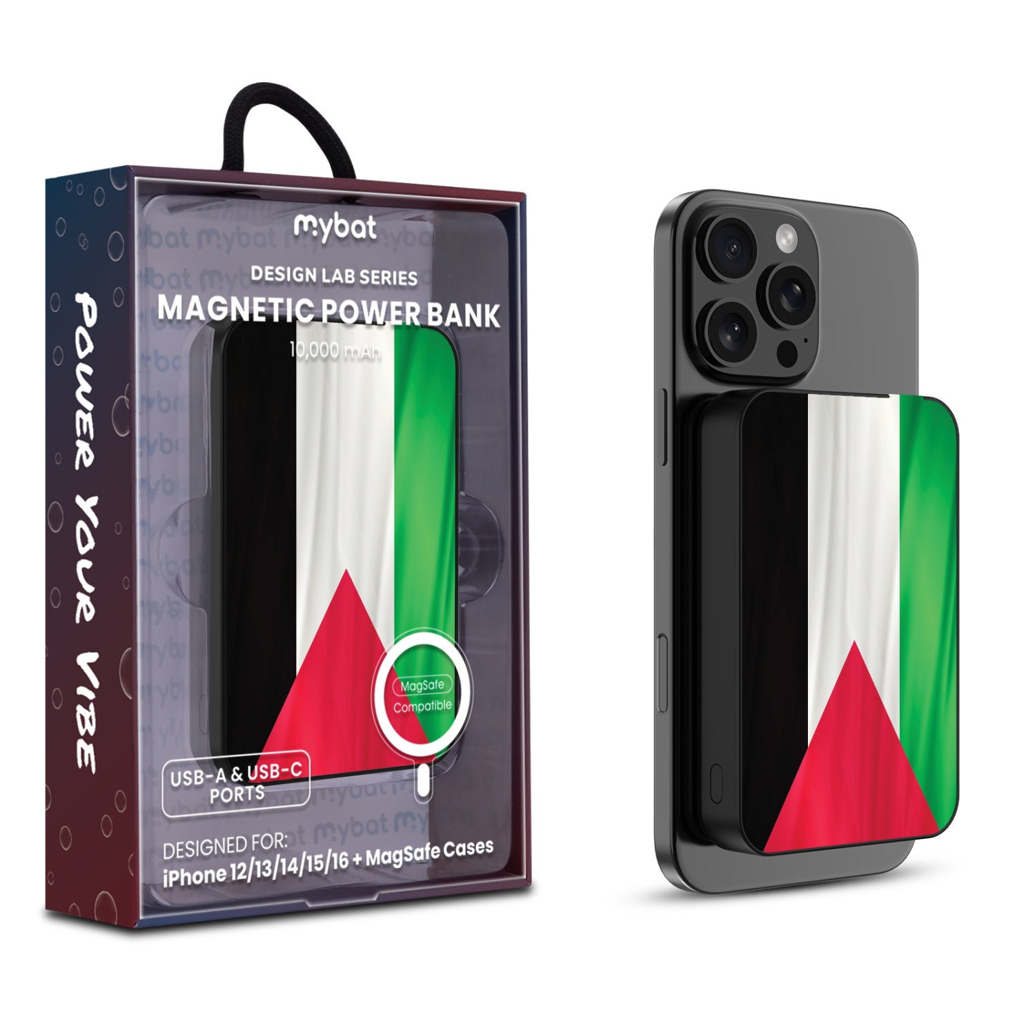 MyBat Design Lab 10000mAh Magnetic Wireless Power Bank - Black - Palestine Flag