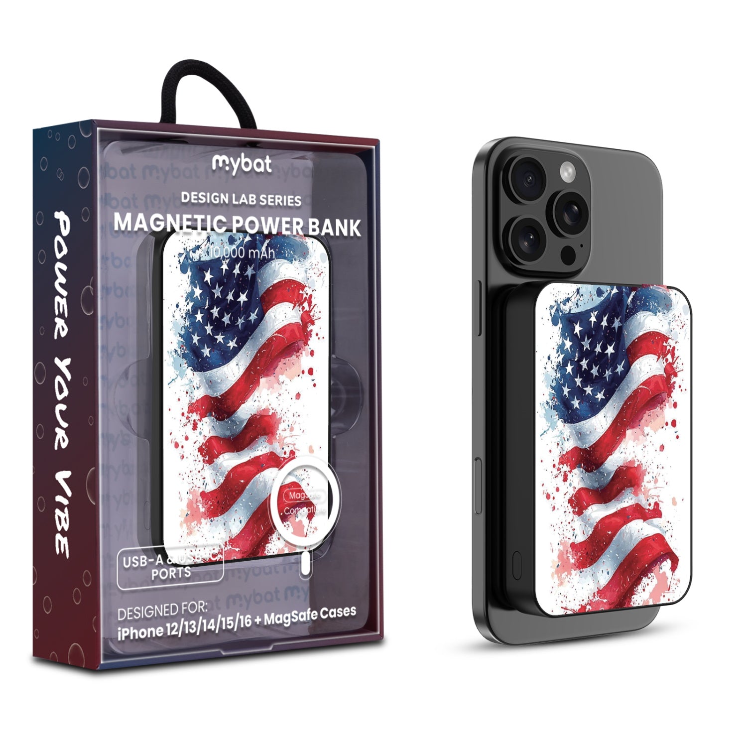 MyBat Design Lab 10000mAh Magnetic Wireless Power Bank - Black - Patriotic Flag Painiting - MPBBAT141-BK-346-1.jpg