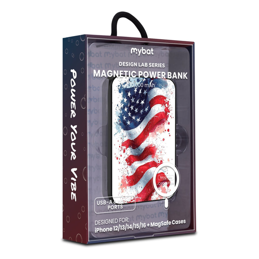 MyBat Design Lab 10000mAh Magnetic Wireless Power Bank - Black - Patriotic Flag Painiting