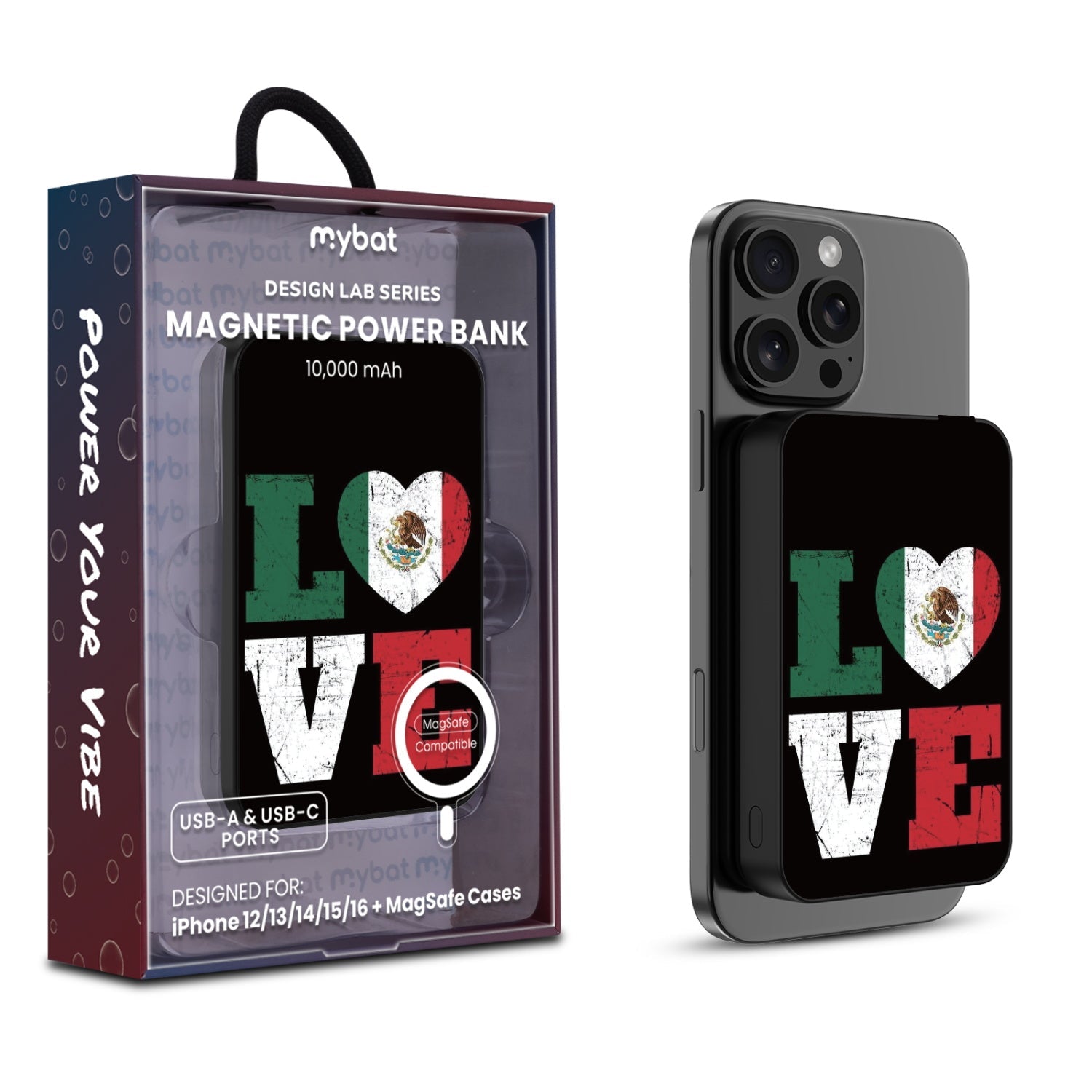 MyBat Design Lab 10000mAh Magnetic Wireless Power Bank - Black - Love 4 Mexico