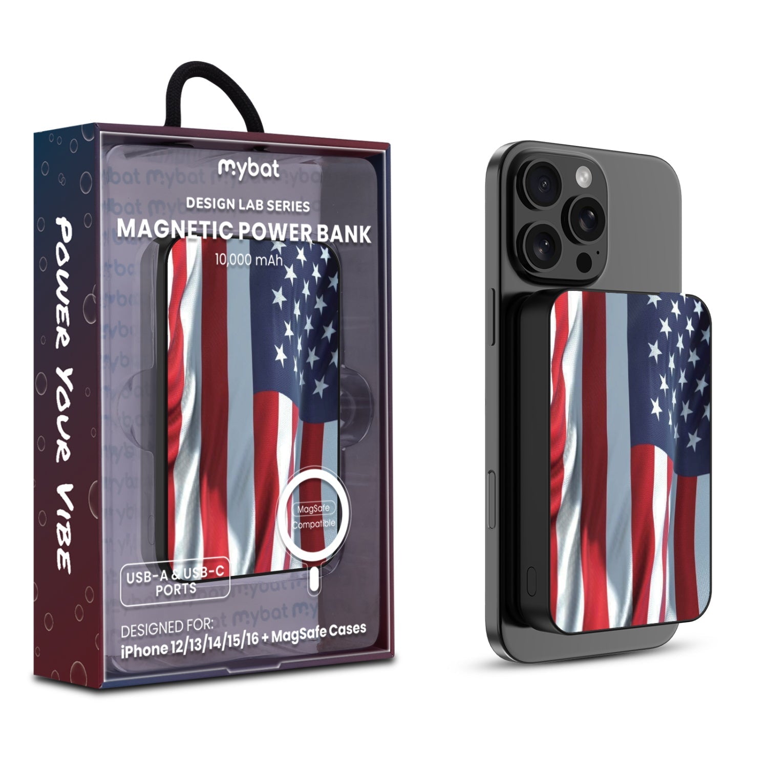 MyBat Design Lab 10000mAh Magnetic Wireless Power Bank - Black - Waving USA FLag