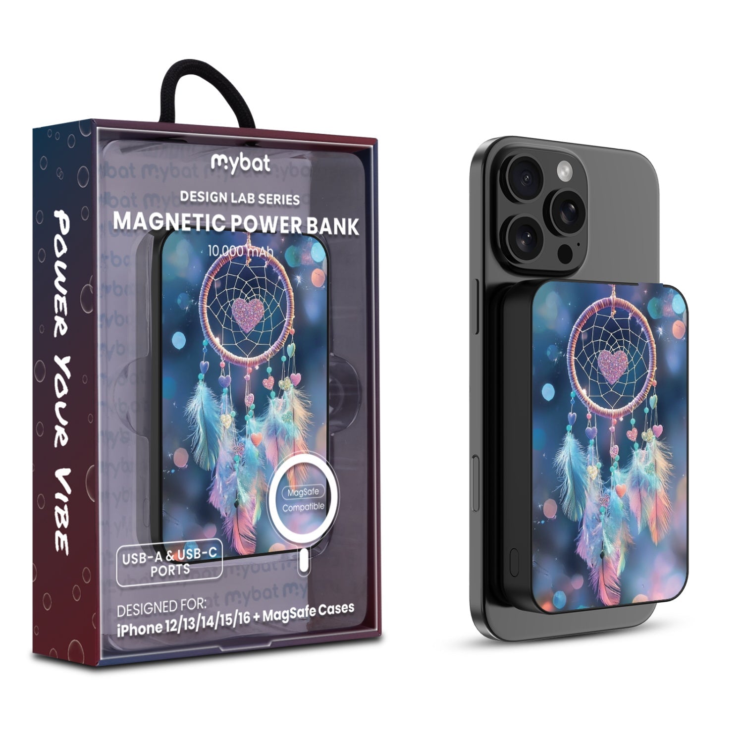 MyBat Design Lab 10000mAh Magnetic Wireless Power Bank - Black - Pastel Dreamcatcher