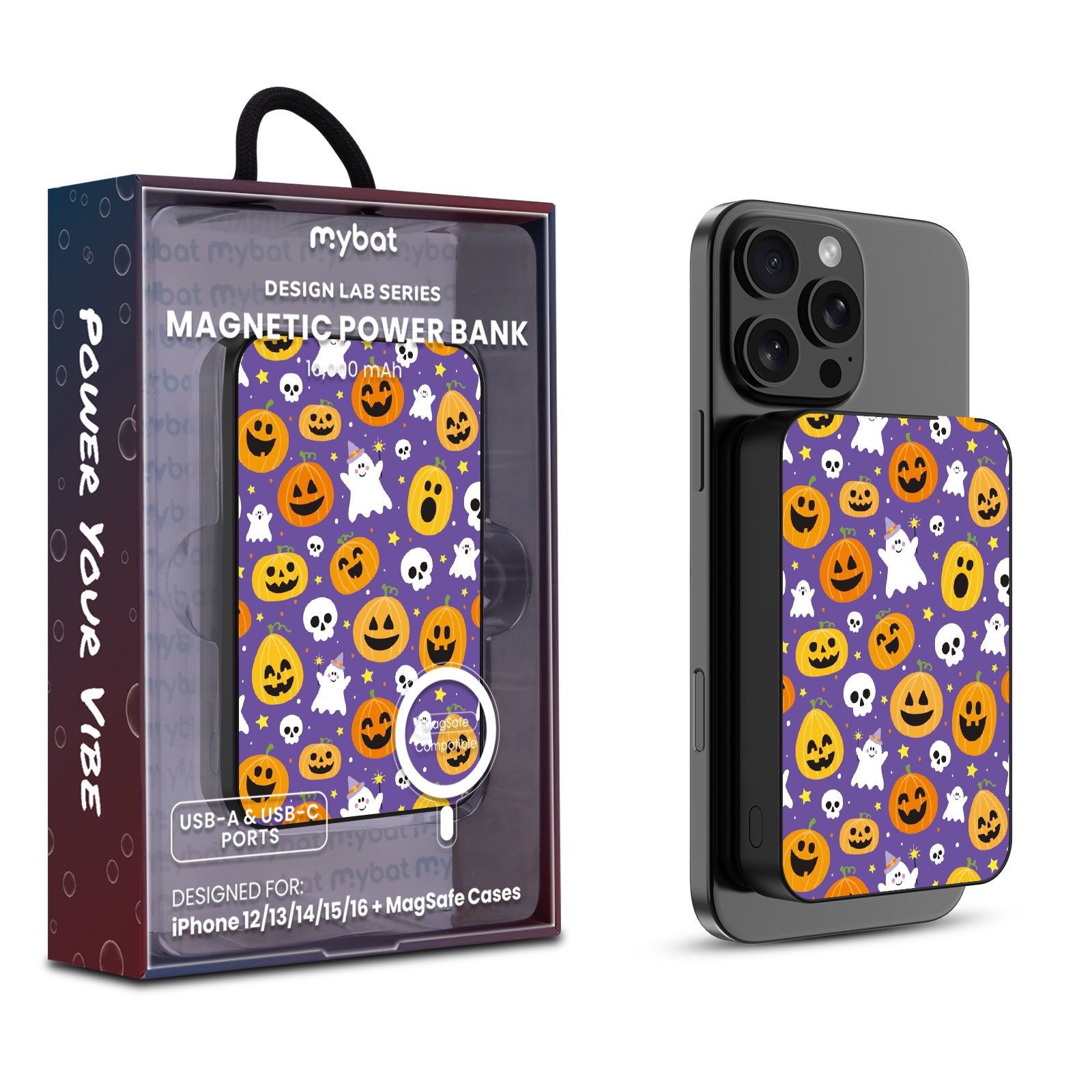 MyBat Design Lab 10000mAh Magnetic Wireless Power Bank - Black - Pumpkin Party - MPBBAT141-BK-404-1.jpg