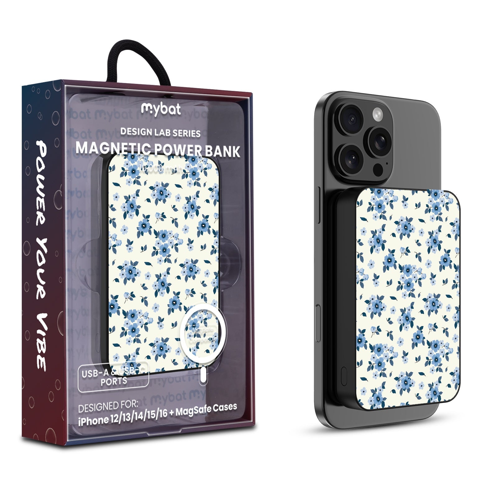 MyBat Design Lab 10000mAh Magnetic Wireless Power Bank - Black - Porcelain Petals