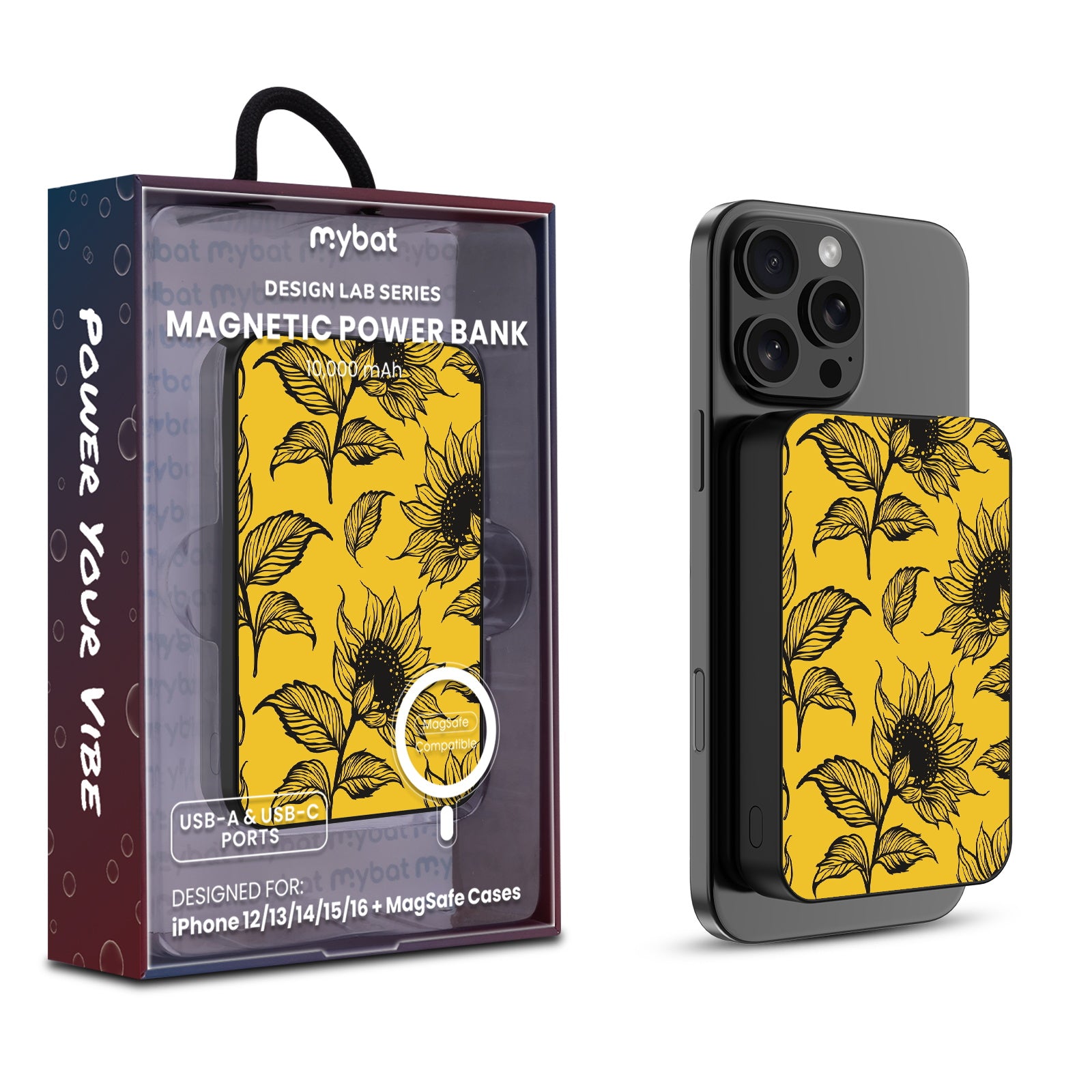 MyBat Design Lab 10000mAh Magnetic Wireless Power Bank - Black - Golden Sunflowers - MPBBAT141-BK-444-1.jpg